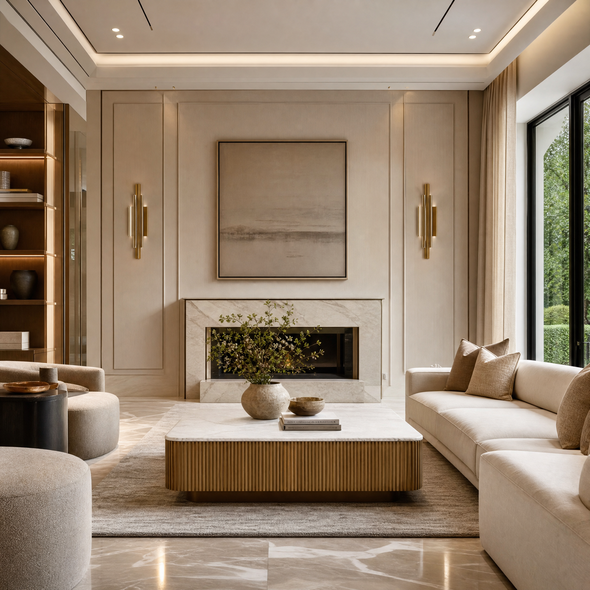 The Attilio Natural Oak Coffee Table with Carrara marble top styled in a luxury residential living room scheme.