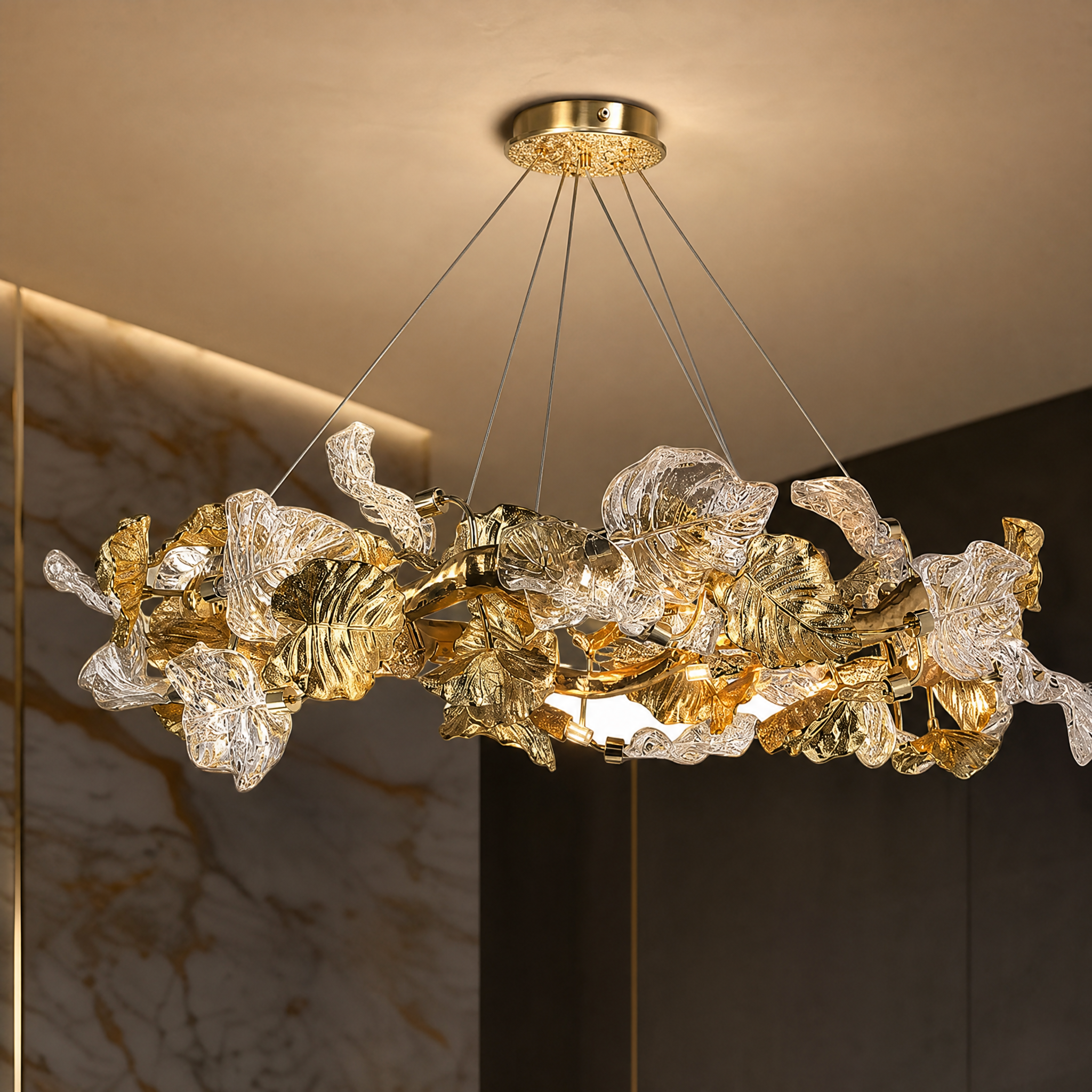 Close-up detail of the delicately shaped glass leaves and refined circular structure of the VORELLI Aura Leaf Chandelier.