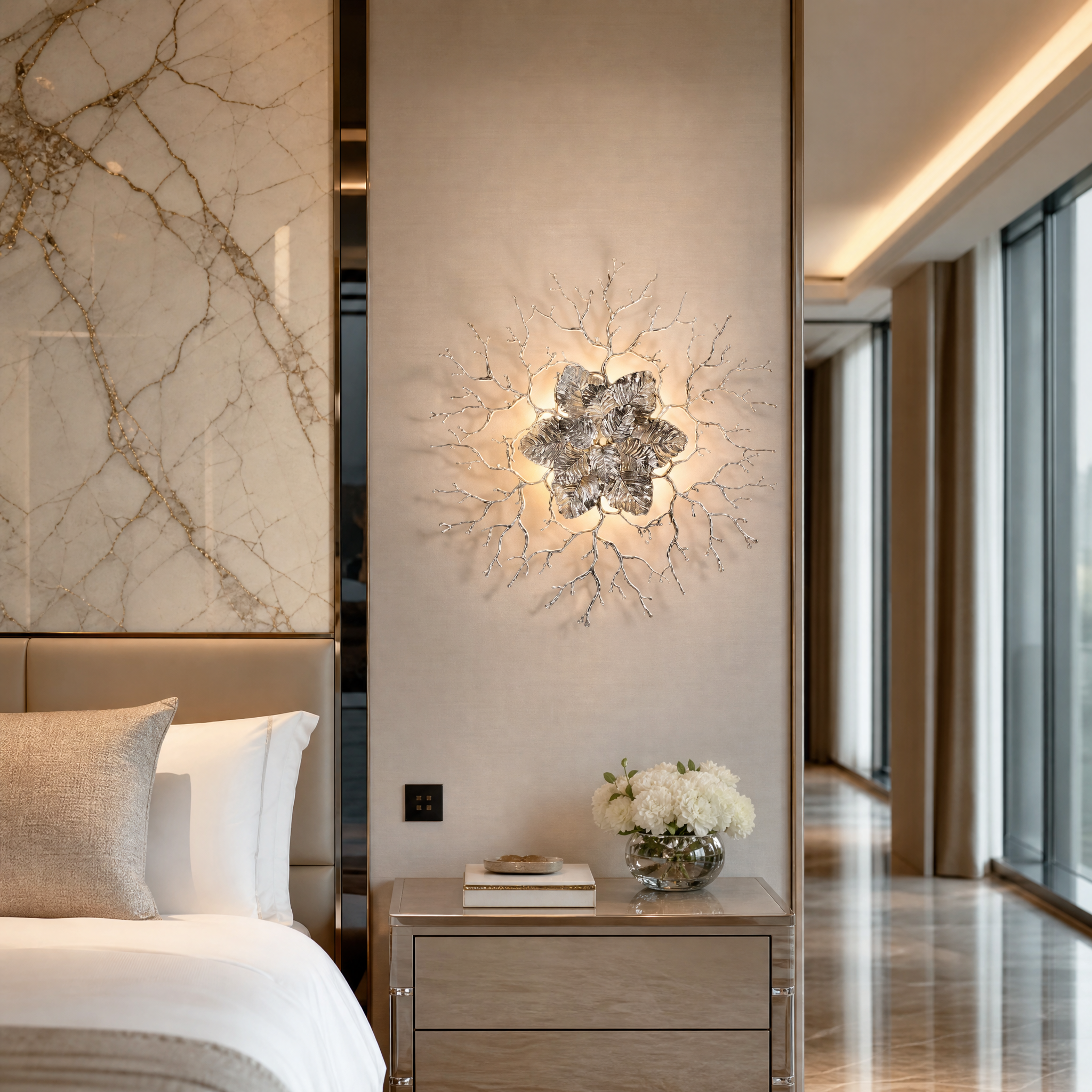 An elegant display of the Aurelia Wall Light II by VORELLI in a boutique hotel lobby, enhancing the upscale hospitality ambiance.