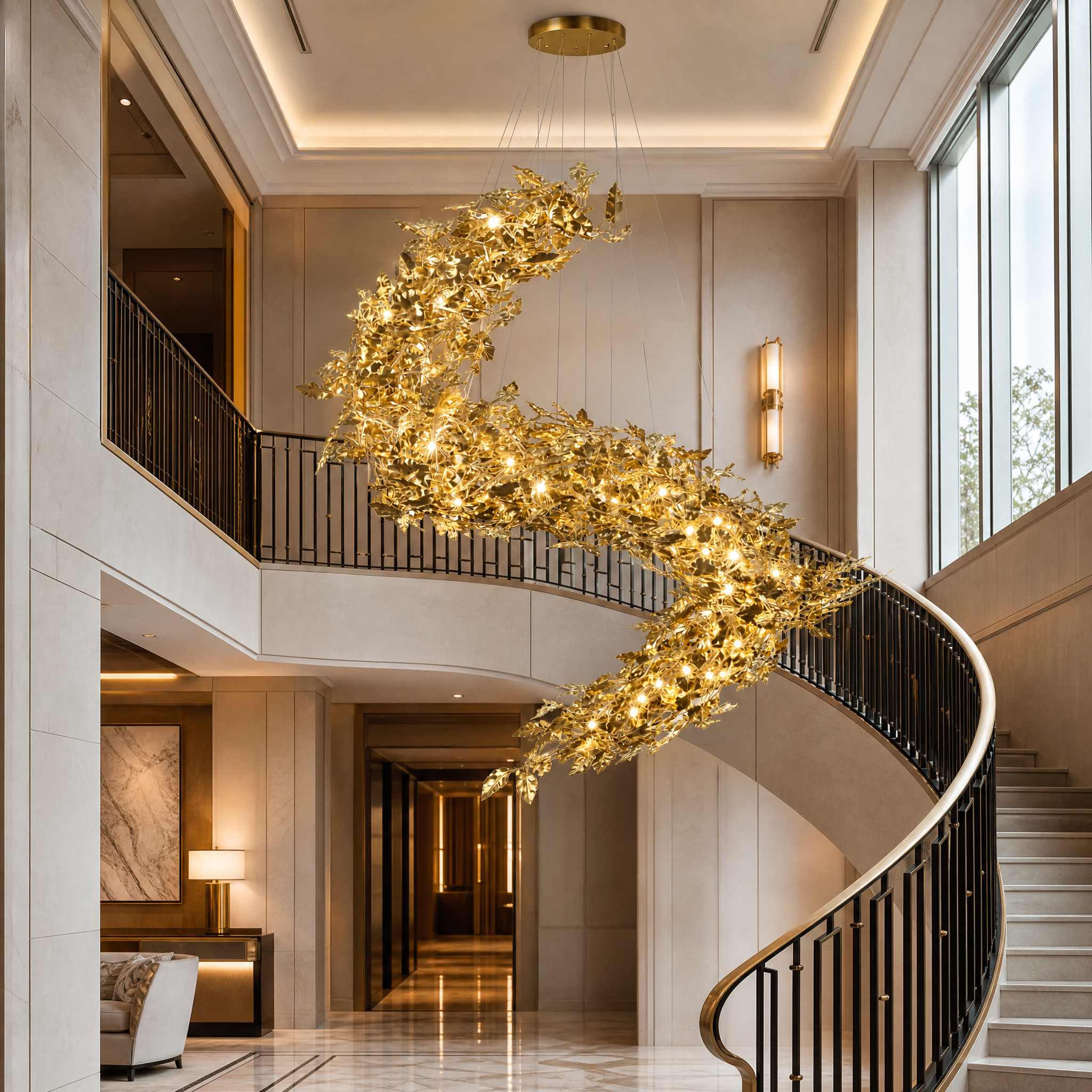 The grand Aureus golden leaf chandelier illuminating a high-end luxury hotel lobby stairwell.