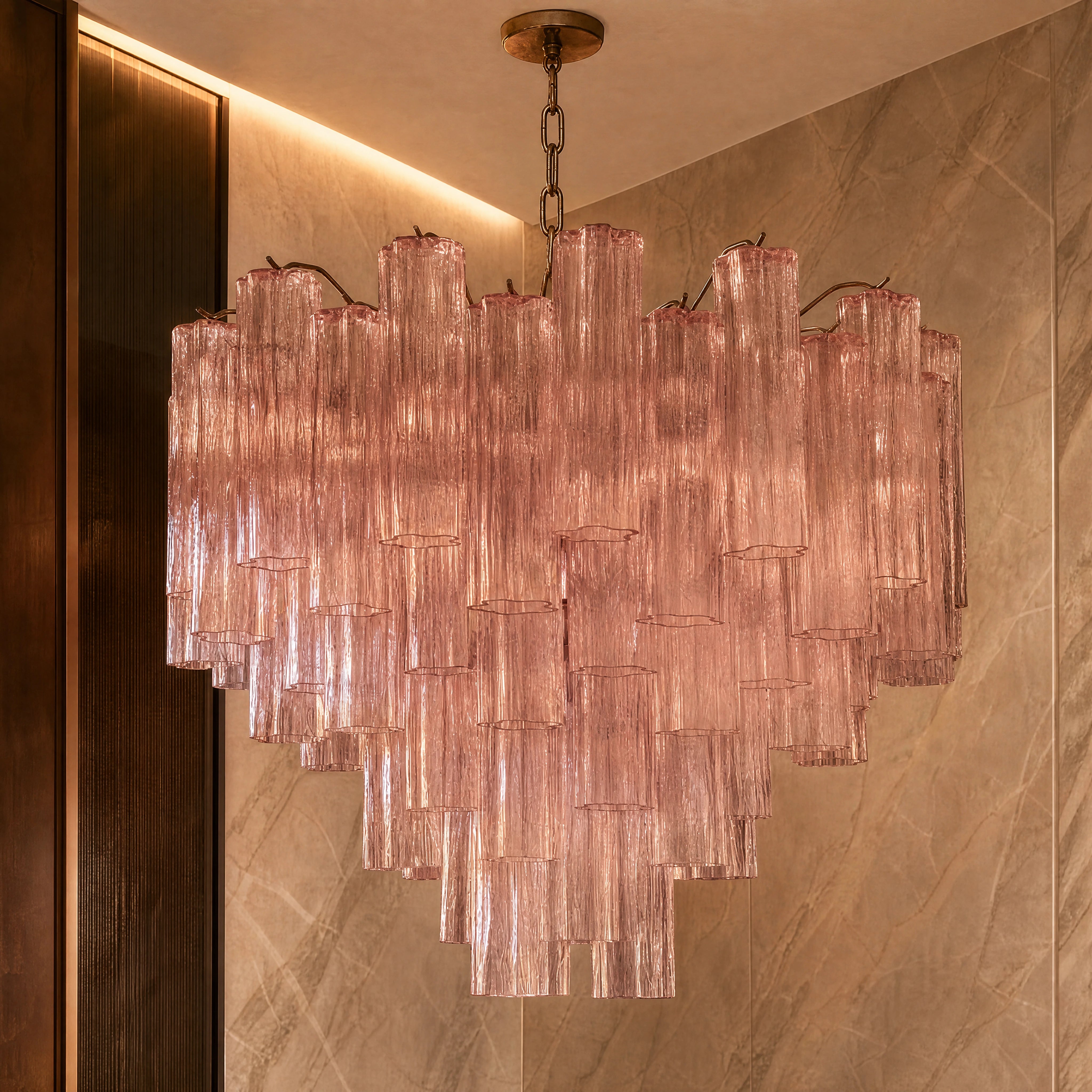 Aquileia Tronchi Murano Glass Staircase Chandelier close-up luxury lifestyle hero image by VORELLI