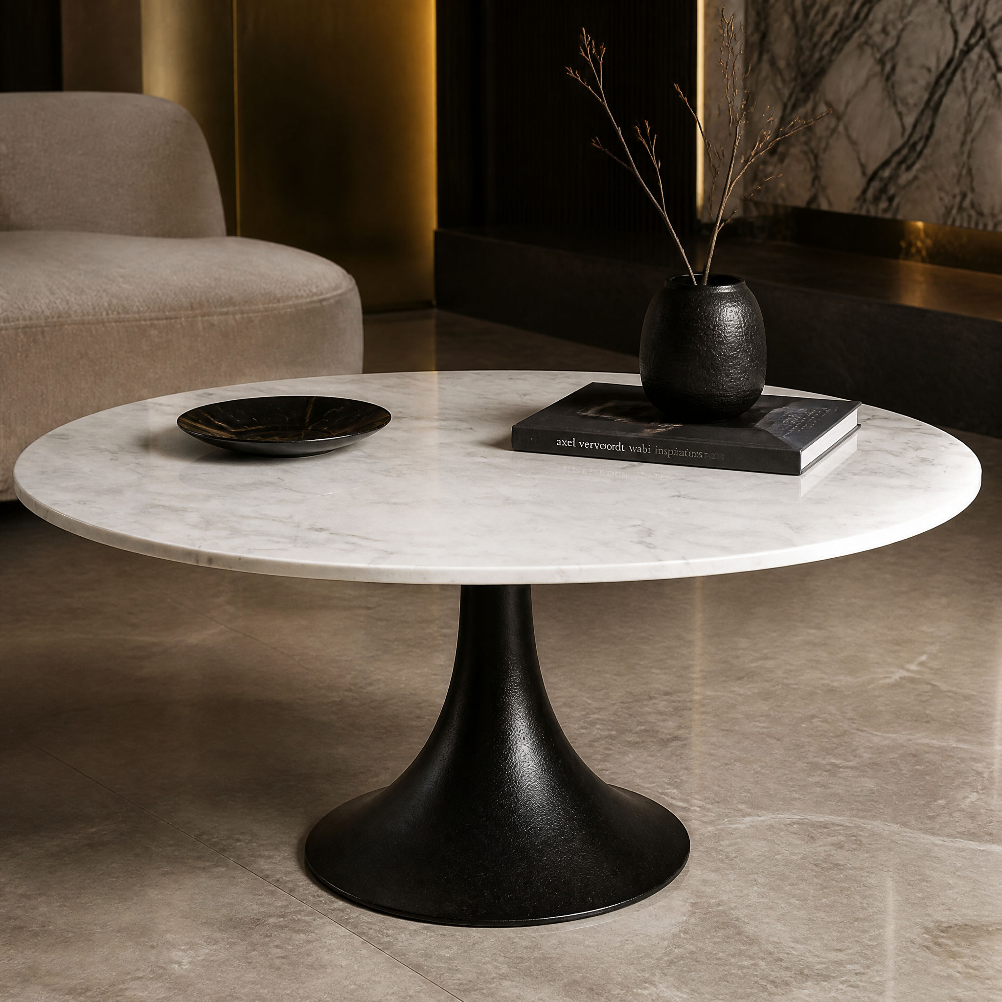 Detailed close-up showing the refined contrast between the crisp white marble top texture and the bold black base of the VORELLI Bearo coffee table.