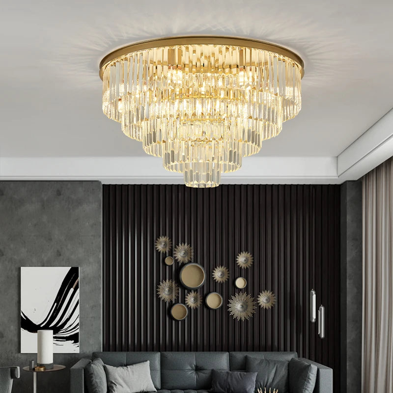Luxury tiered ceiling light with cascading crystal bars in a modern interior.
