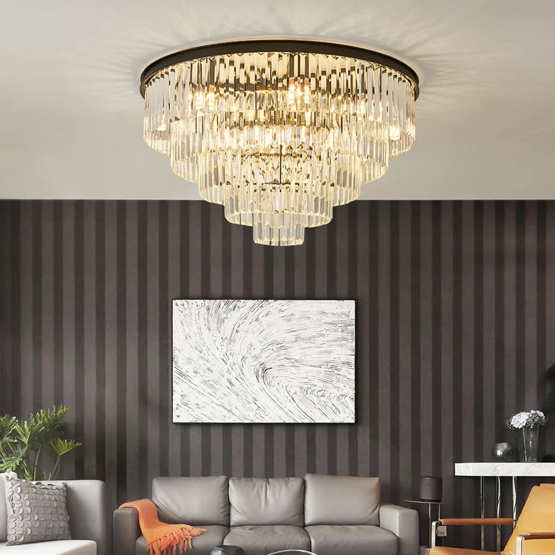 Tiered crystal ceiling light illuminating a contemporary living space.