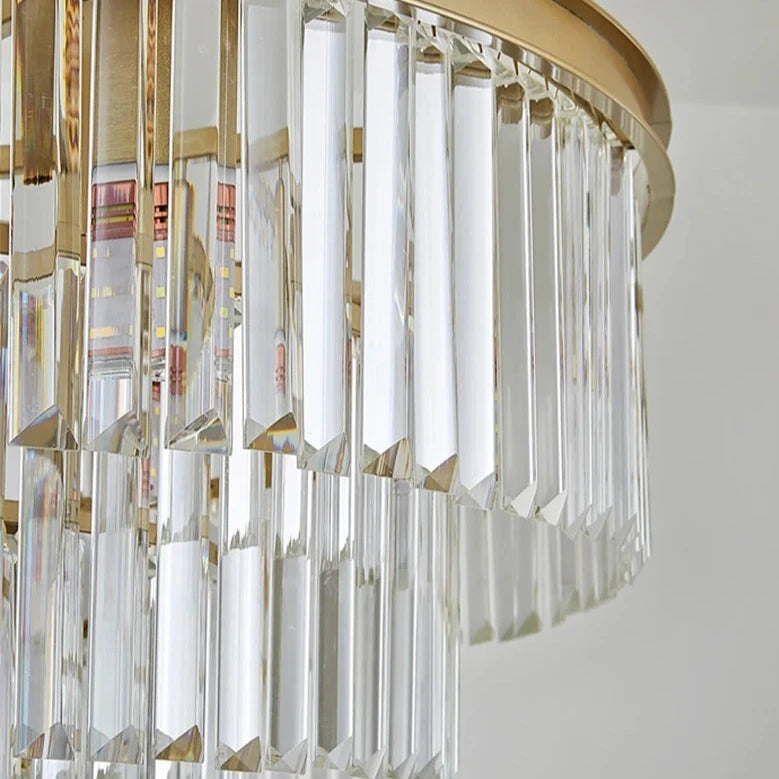 Close-up detail of cascading crystal bars on the Beckenham circular chandelier.