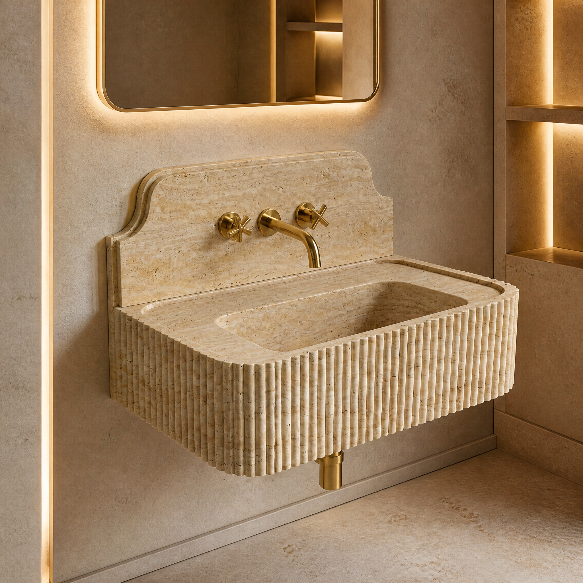 Beige Travertine Backsplash Sink - Fluted palace hotel spa lifestyle image by VORELLI