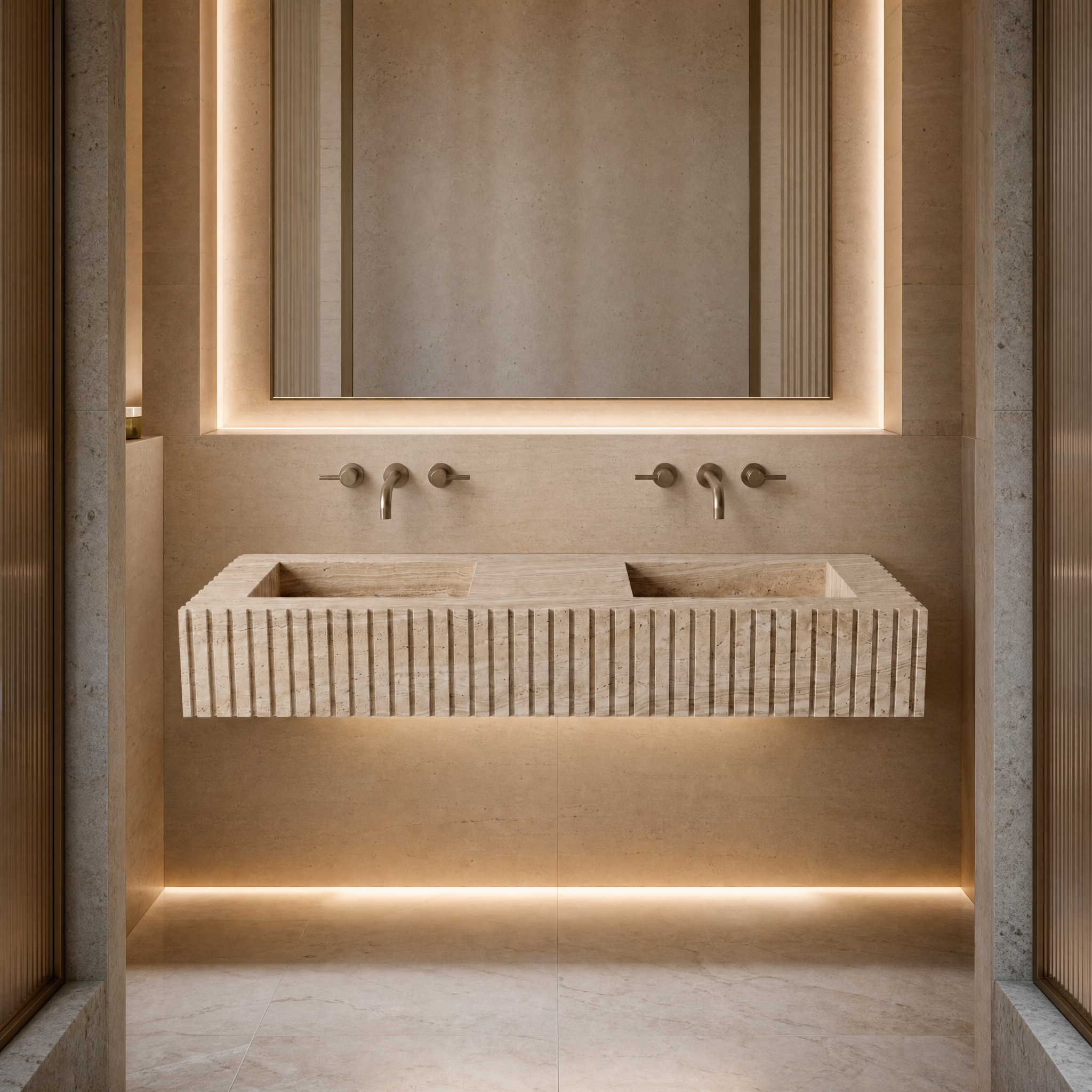 Beige Travertine Double Sink - Fluted palace hotel spa lifestyle image by VORELLI