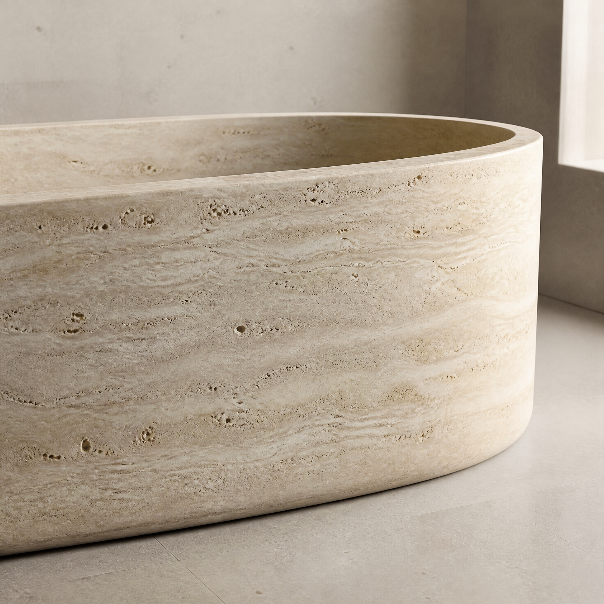 Beige Travertine Freestanding Bathtub - Elliptical stone craftsmanship detail image by VORELLI