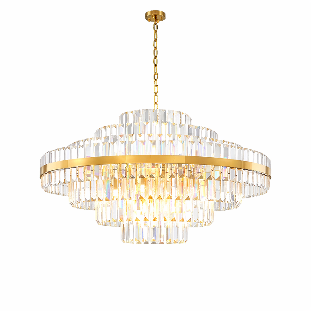VORELLI Belair circular chandelier casting a sophisticated ambiance with cascading crystal tiers reflecting brilliant light across an upscale interior.