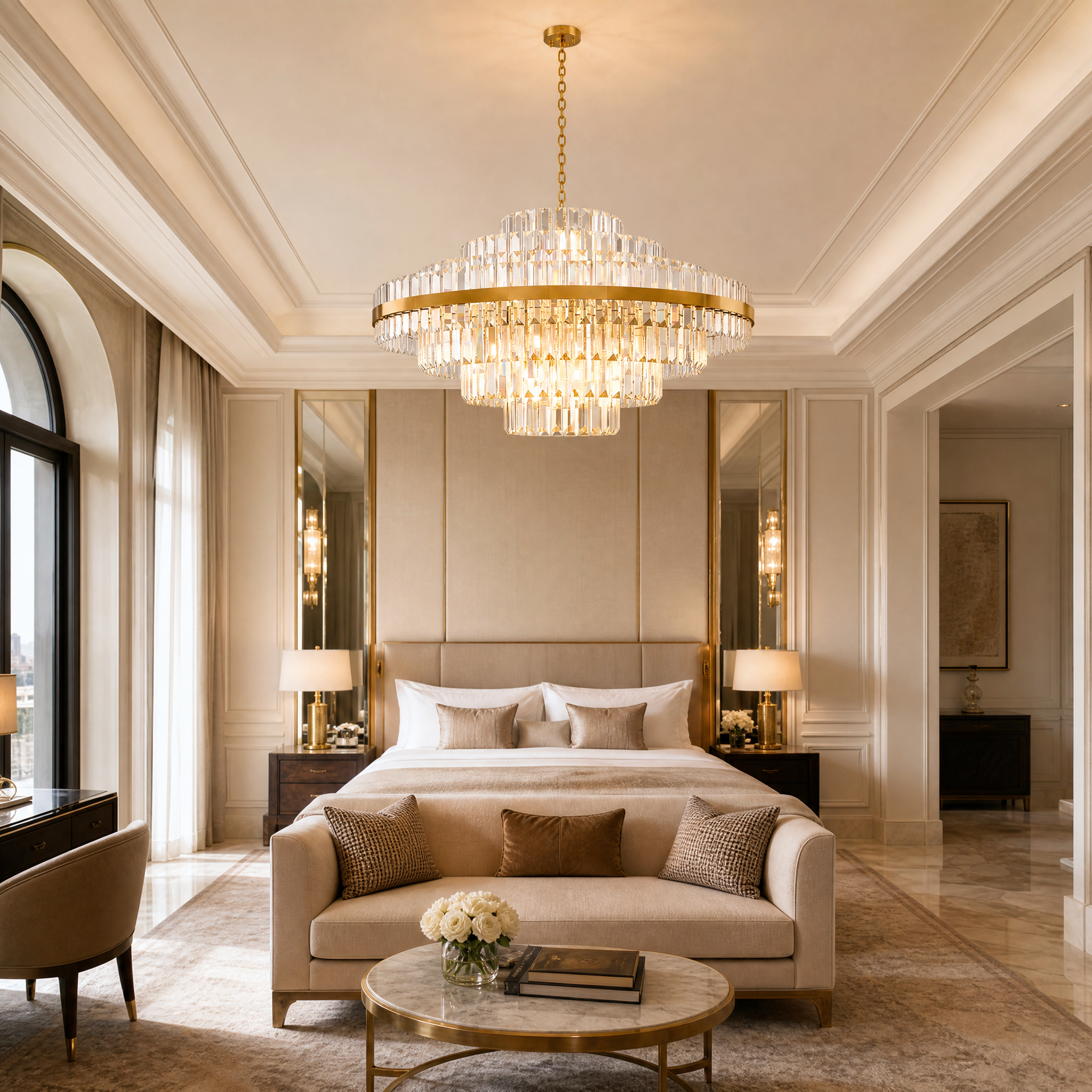 Exquisite VORELLI Belair tiered circular crystal chandelier creating an elegant focal point in a modern luxury hotel lobby reception area.