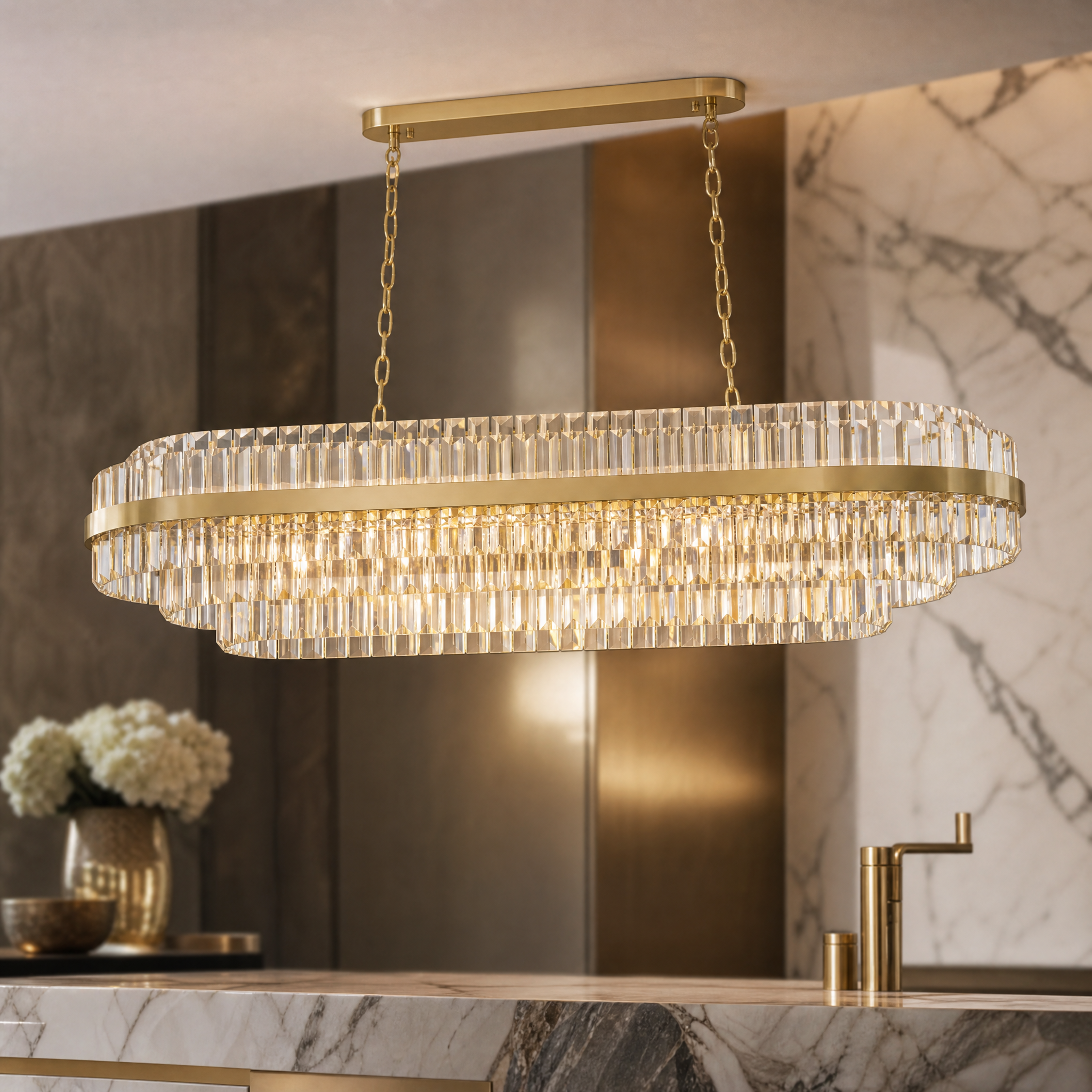 Close-up detail of the dazzling crystal bars and multi-tiered refined design on the VORELLI Belair rectangular chandelier.