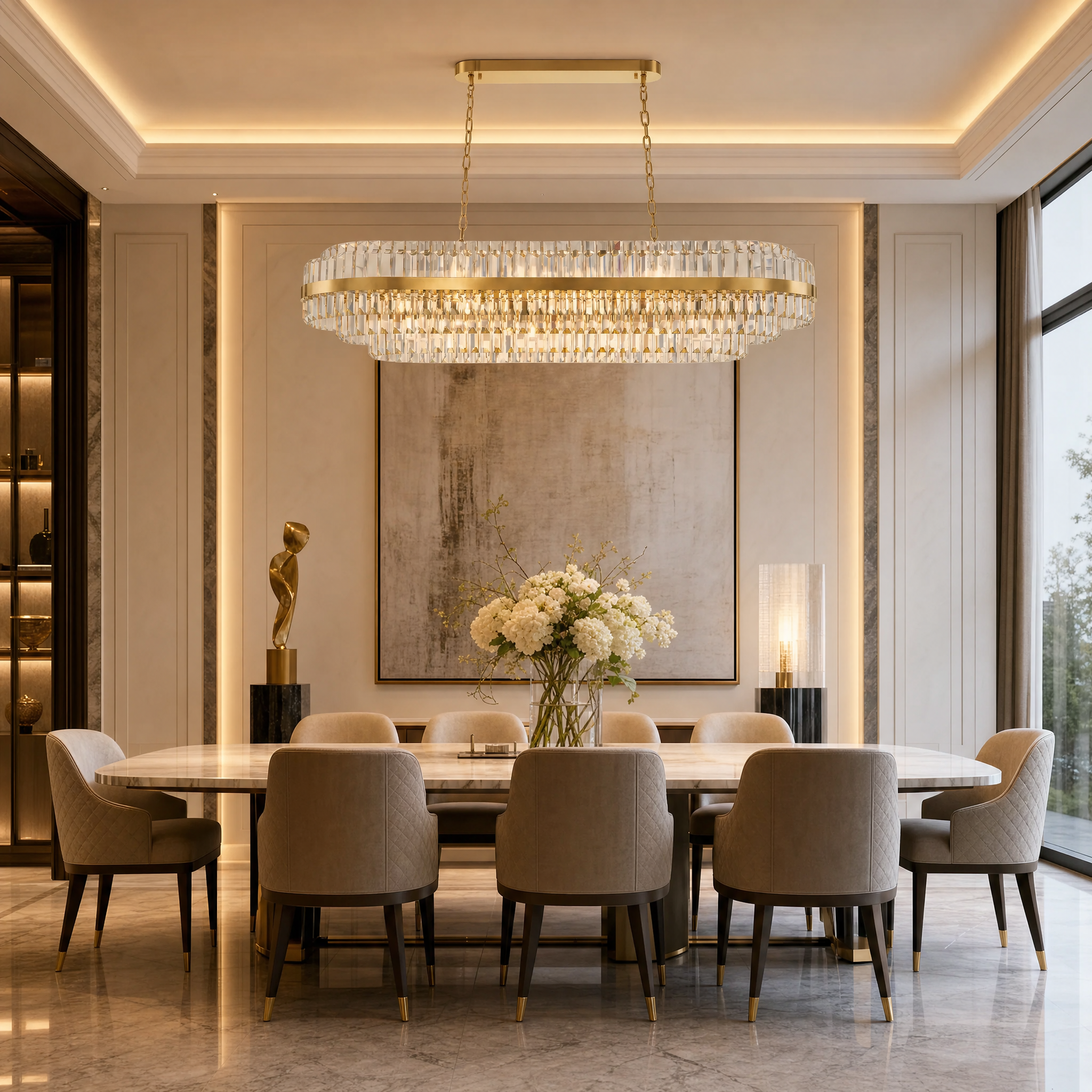 VORELLI Belair rectangular crystal chandelier illuminating a sophisticated residential dining room with a luxurious ambiance.