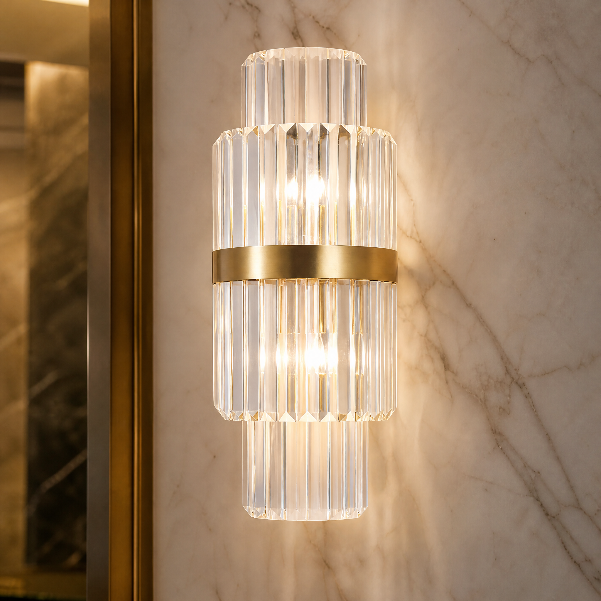 Detailed close-up of the dazzling crystal bars and premium craftsmanship on the VORELLI Belair luxury wall light.
