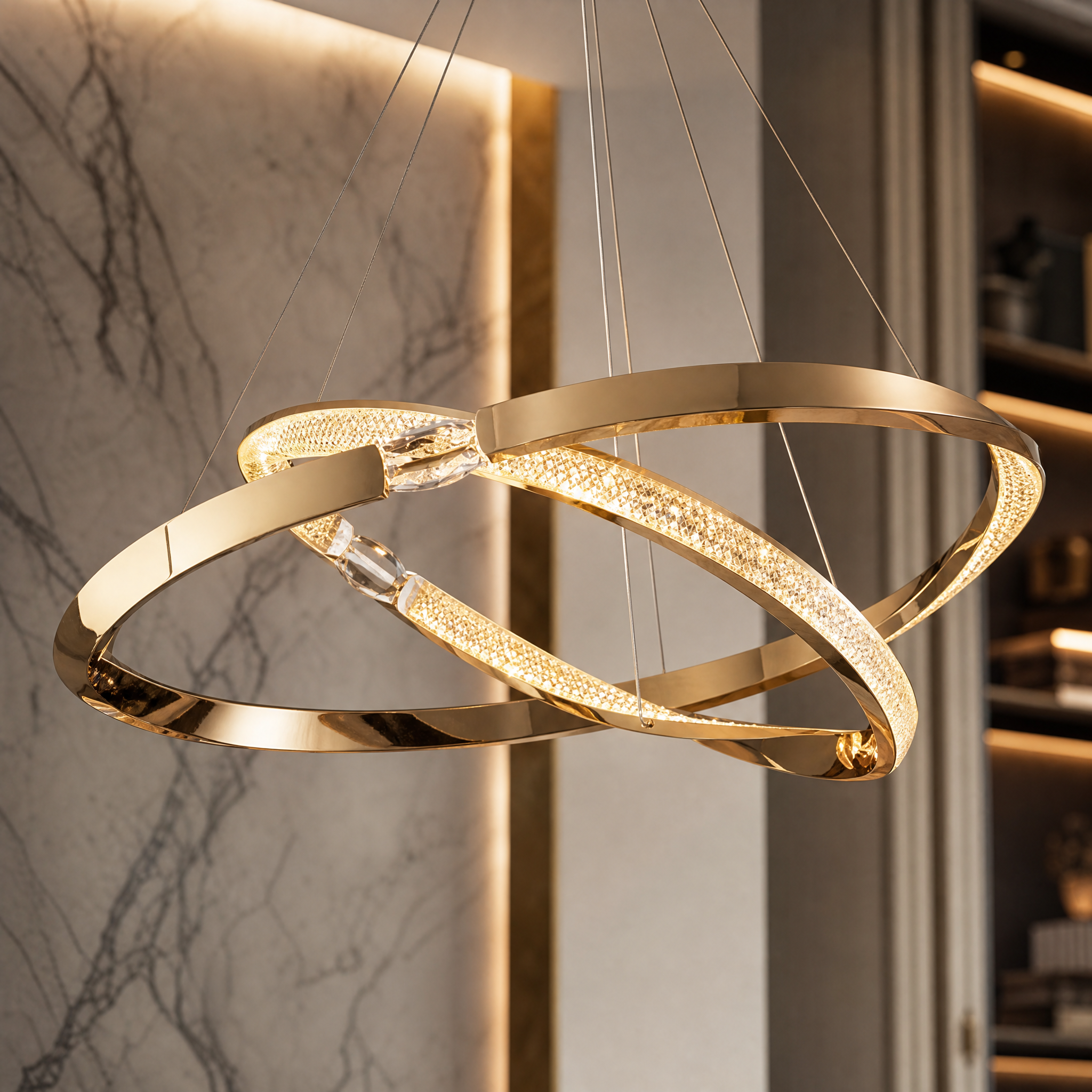 Detailed closeup of the intricate crystal accents and geometric double ring design on the VORELLI Belgravia circular chandelier.