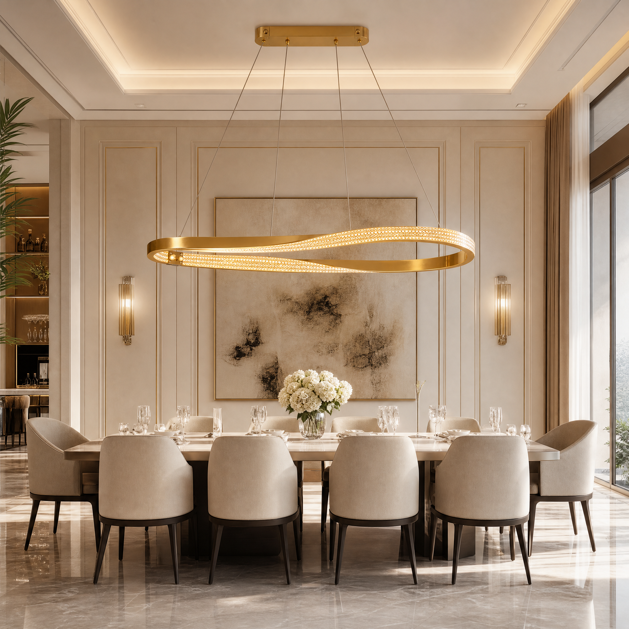 The Vorelli Belgravia Rectangular Chandelier hanging elegantly above a luxury dining room table in a modern residential interior.