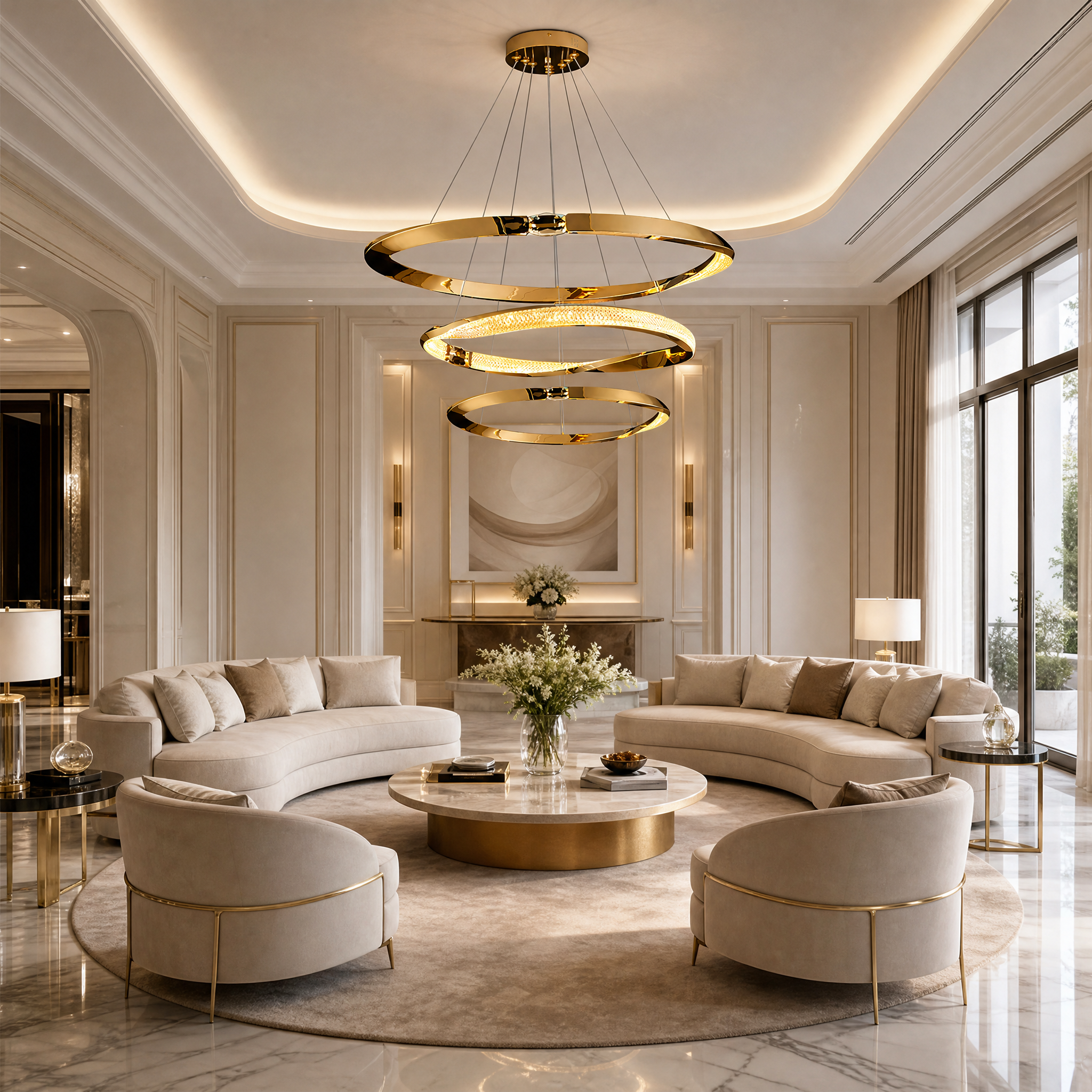 VORELLI Belgravia Ring Staircase Chandelier installed in a luxury grand residential entryway stairwell.