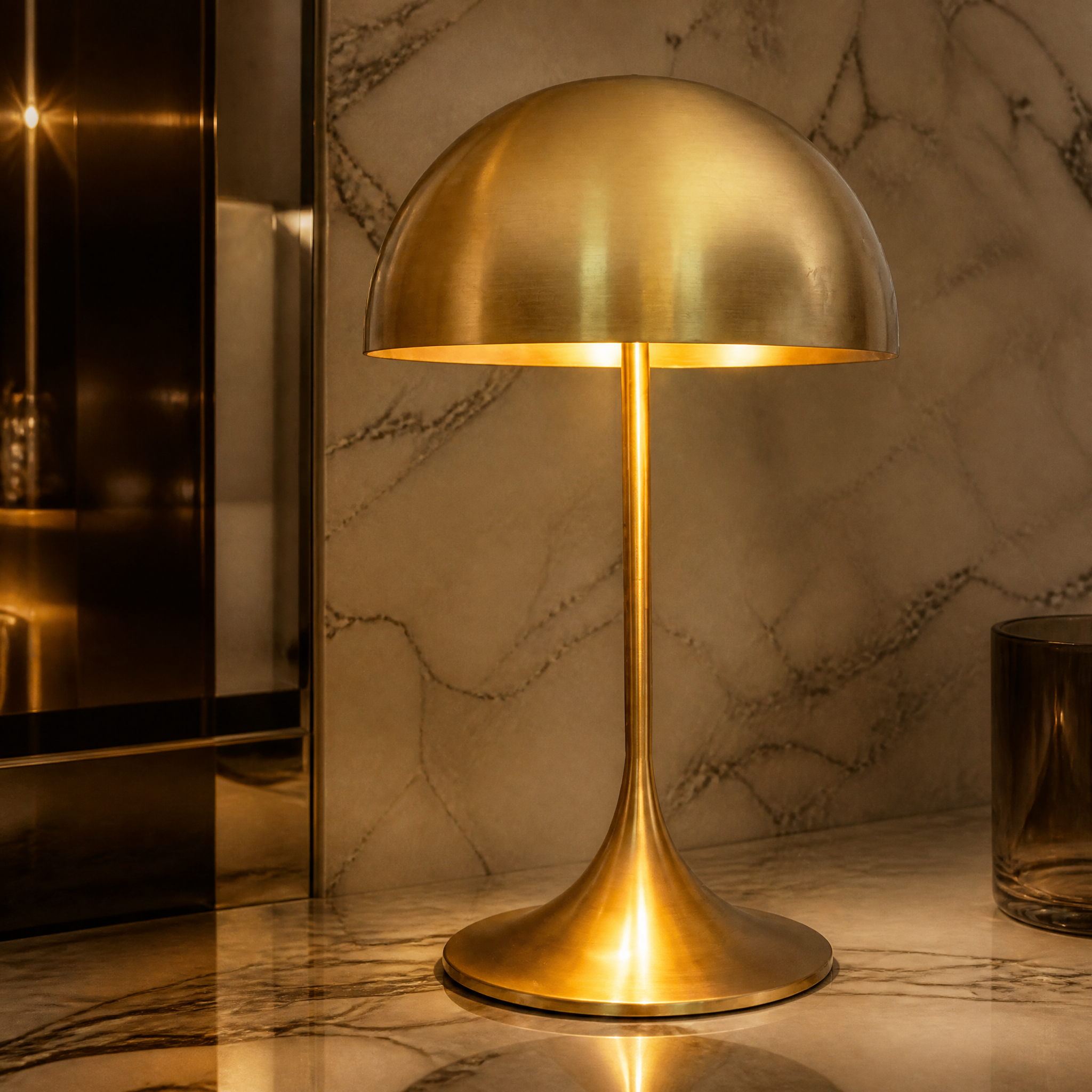 Close-up detail of the smooth silhouette and rich antique brass finish on the VORELLI Bellaro table lamp dome.
