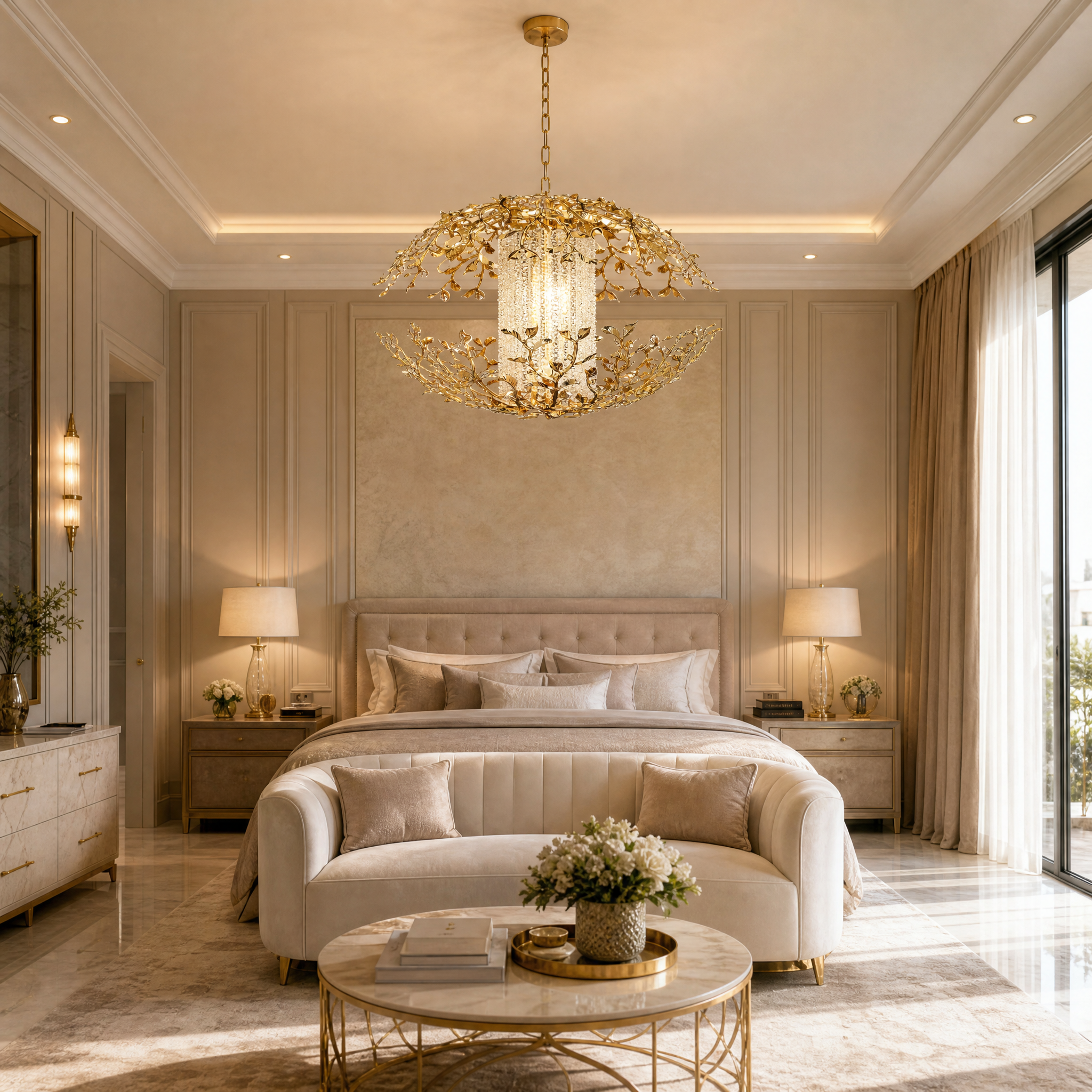 The luxury VORELLI Bellarosa pendant light illuminating a high-end residential living room, showcasing its sculpted golden leaves and crystal strands.