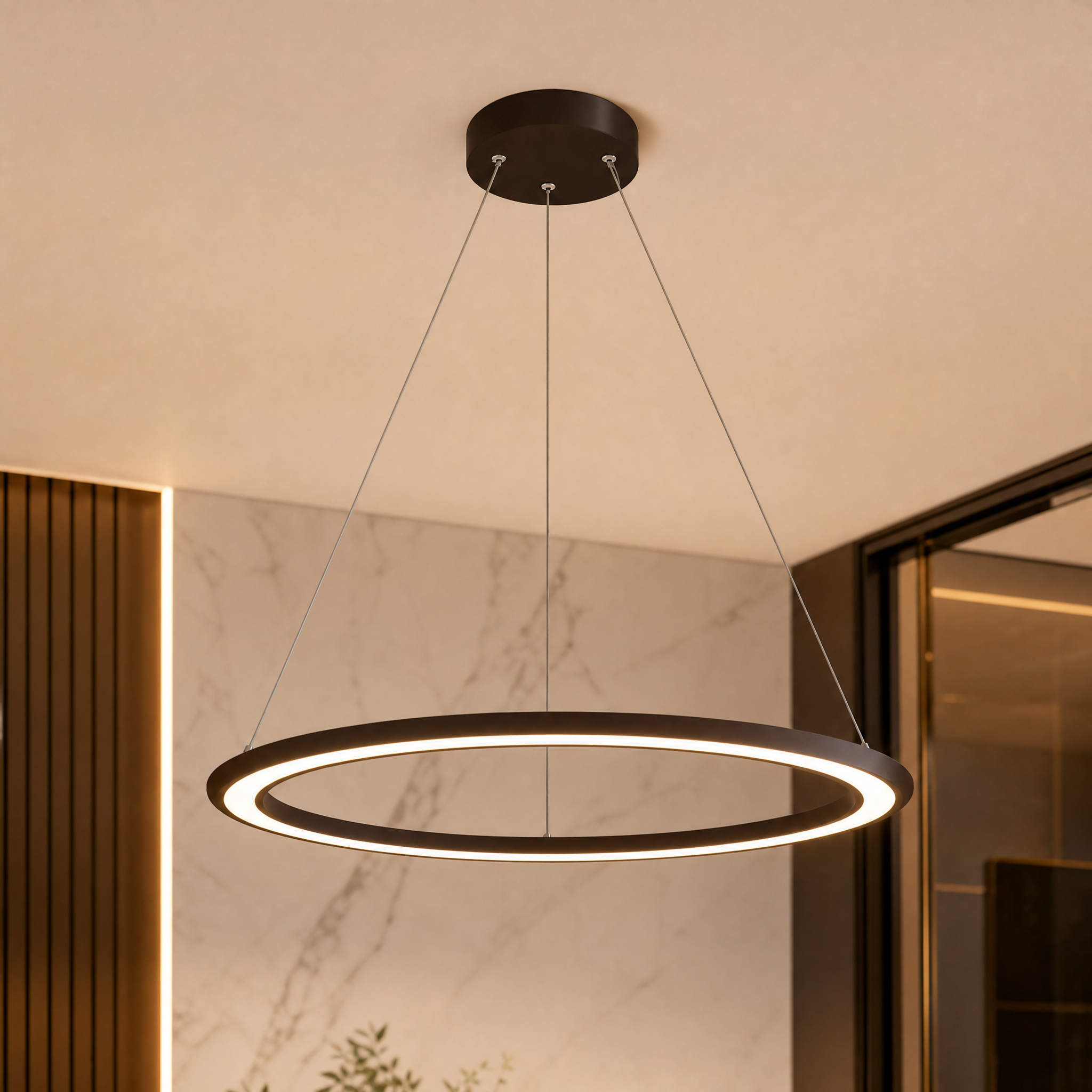 Detailed closeup of the VORELLI Bellezza circular chandelier showcasing its minimalist design and seamless, advanced LED technology.