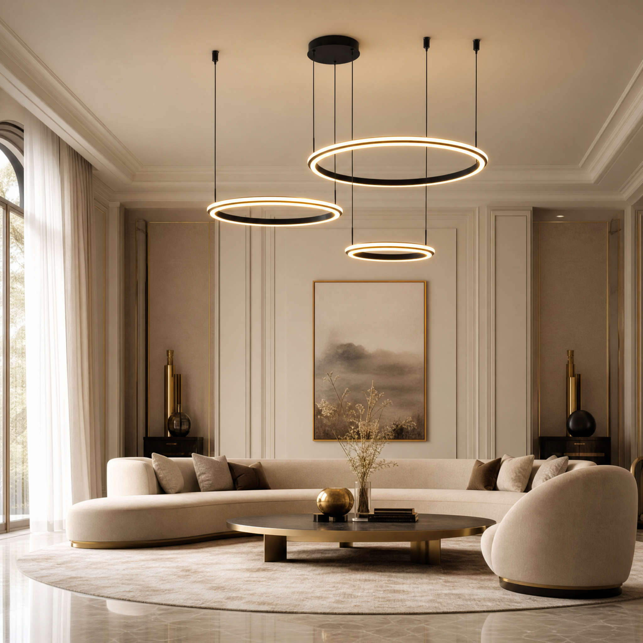 VORELLI Bellezza Trio Circular Chandelier suspended in a modern luxury living room, casting a warm ambient glow over contemporary furnishings.