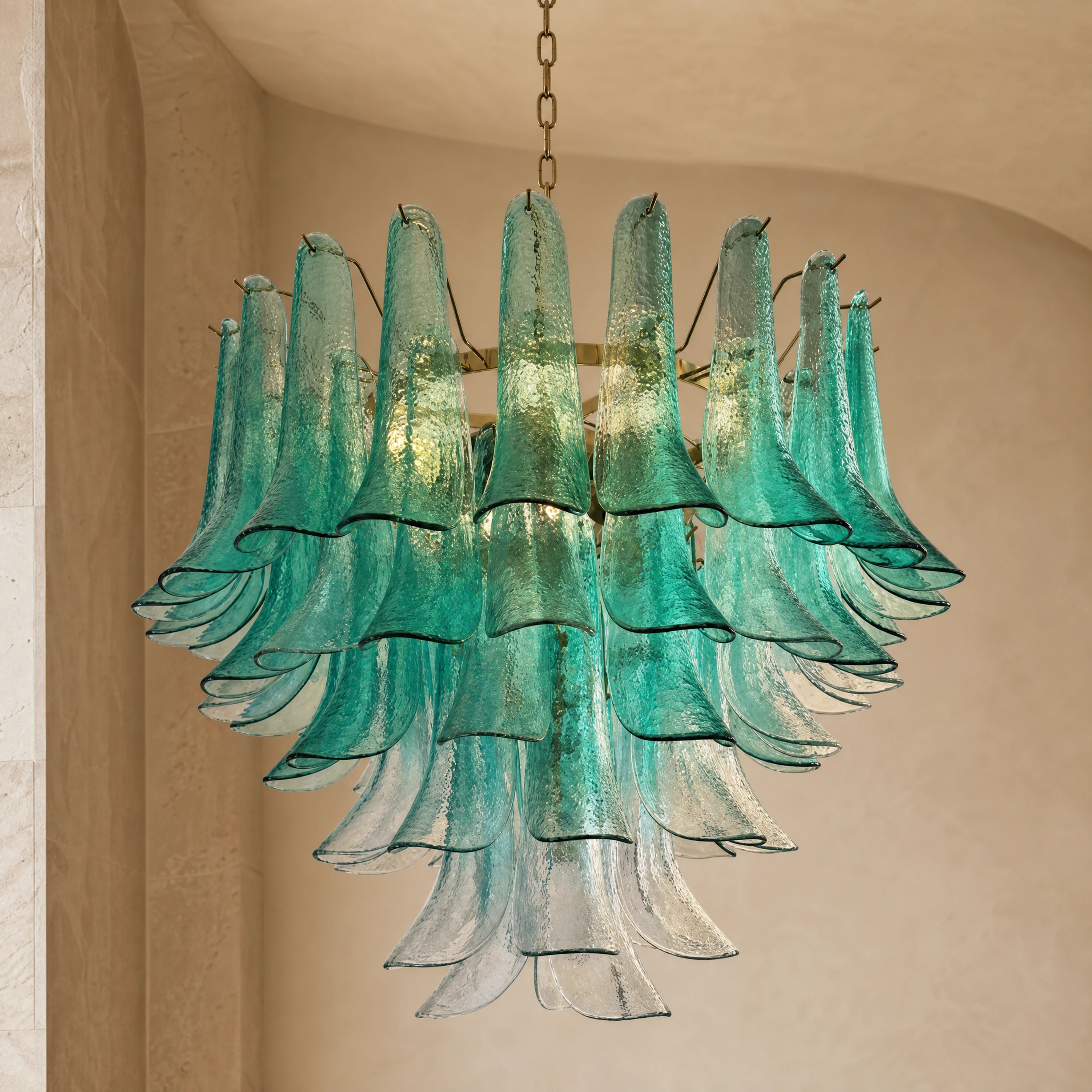 Belluno Selle Murano Glass Staircase Chandelier close-up luxury lifestyle hero image by VORELLI