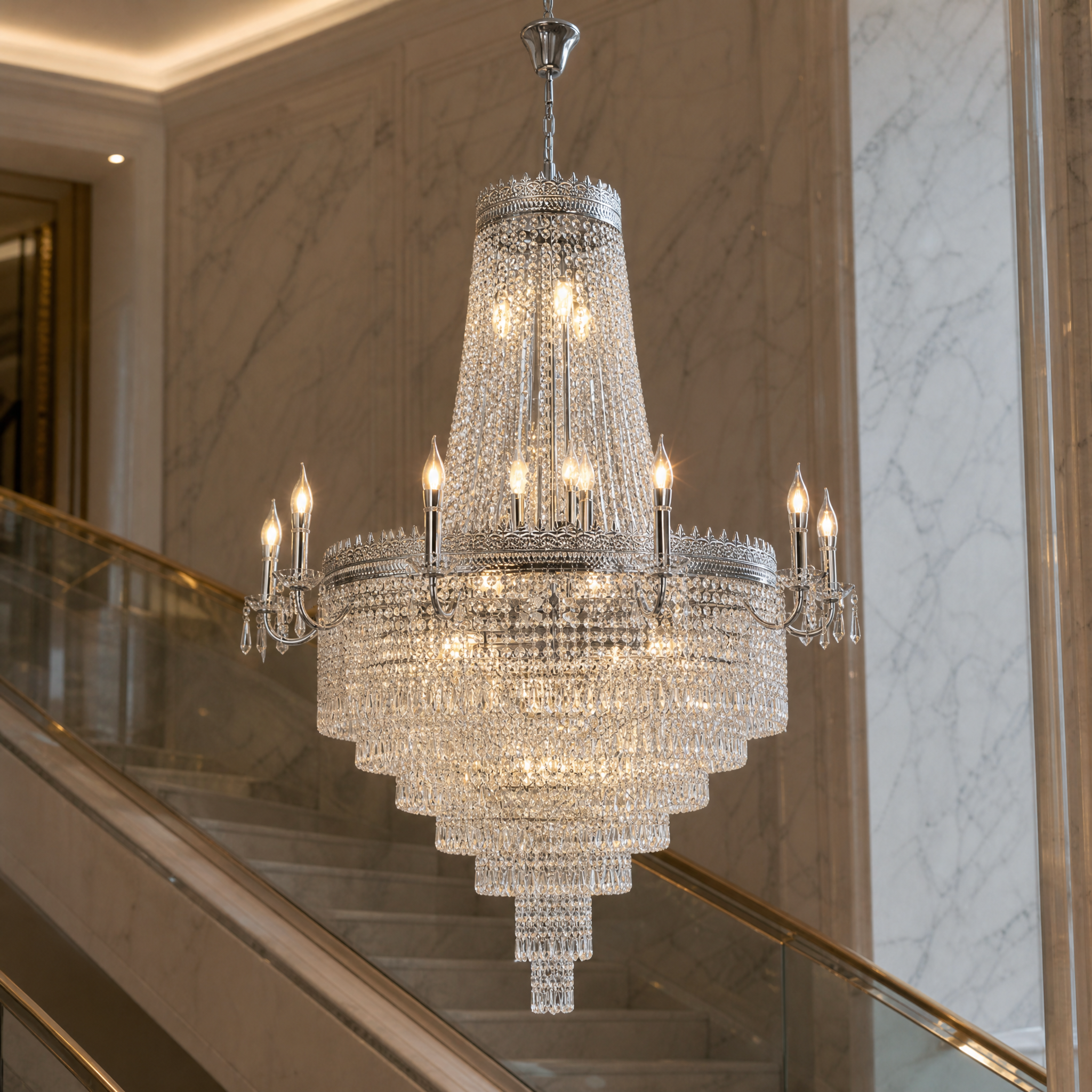 Close-up detail of the VORELLI Belmond Grandeur chandelier showcasing the intricate crystal craftsmanship and sophisticated design elements.
