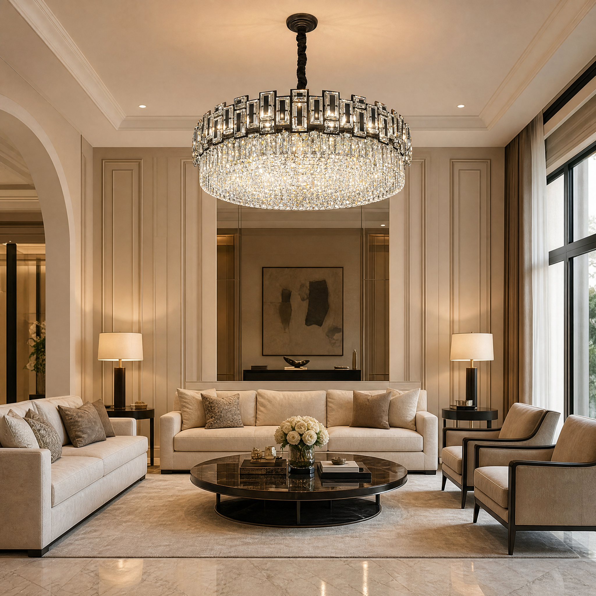VORELLI Belvedere circular crystal chandelier illuminating a modern luxury residential living room with grand architectural features.