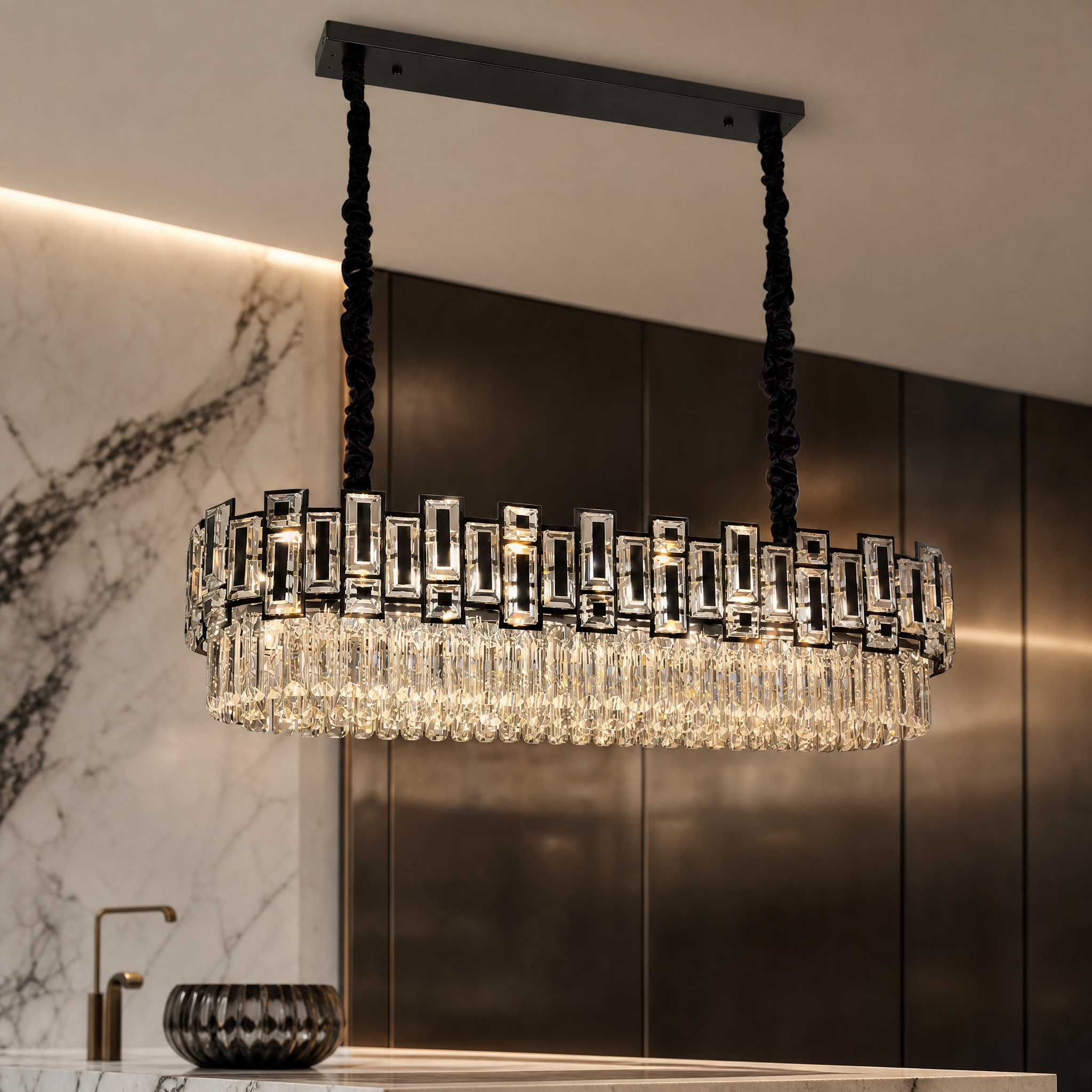 Macro closeup of the VORELLI Belvedere rectangular chandelier highlighting the intricate geometric rectangle, square, and rounded rectangle crystals.