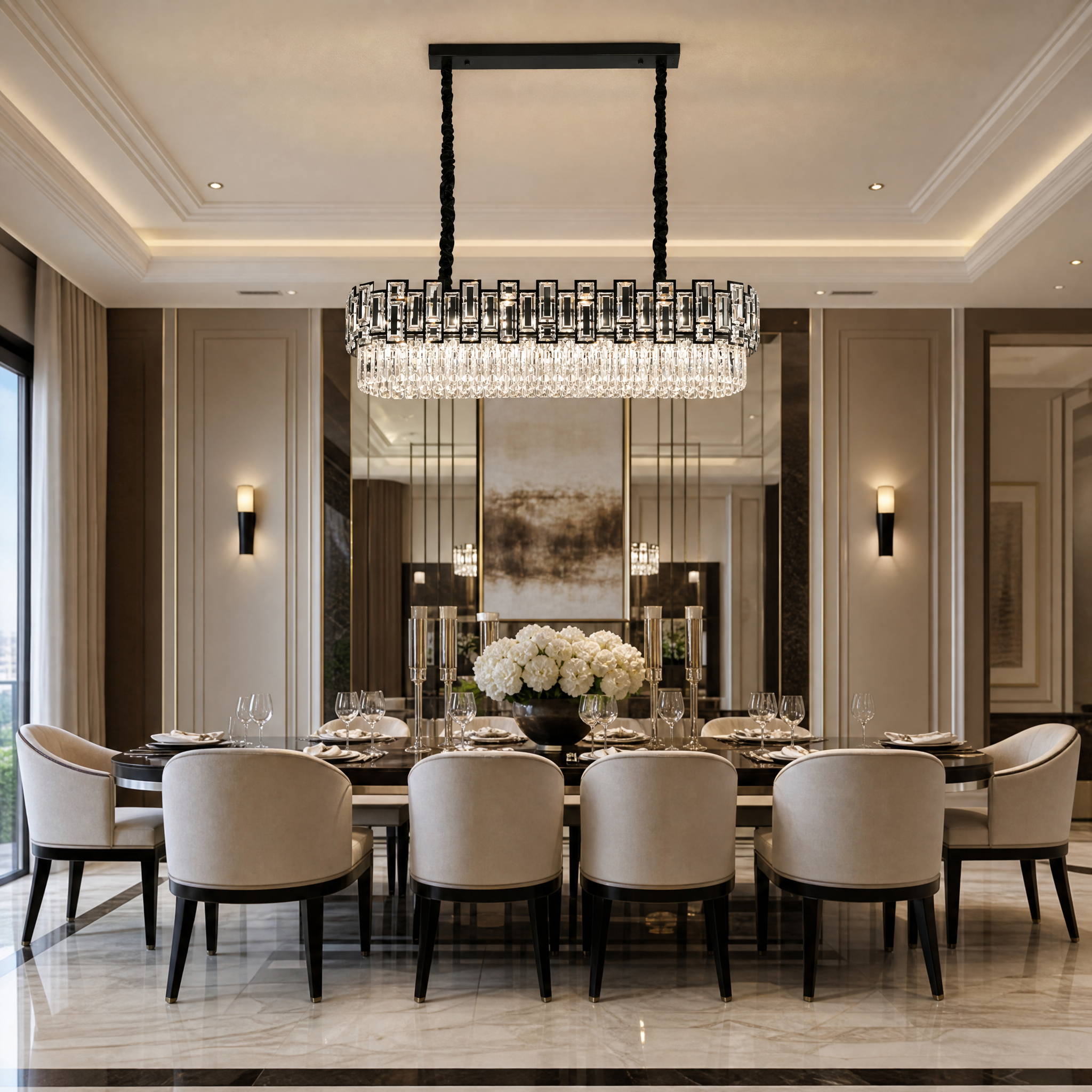 VORELLI Belvedere rectangular crystal chandelier illuminating a luxurious residential dining room setting with opulent architectural granduer.
