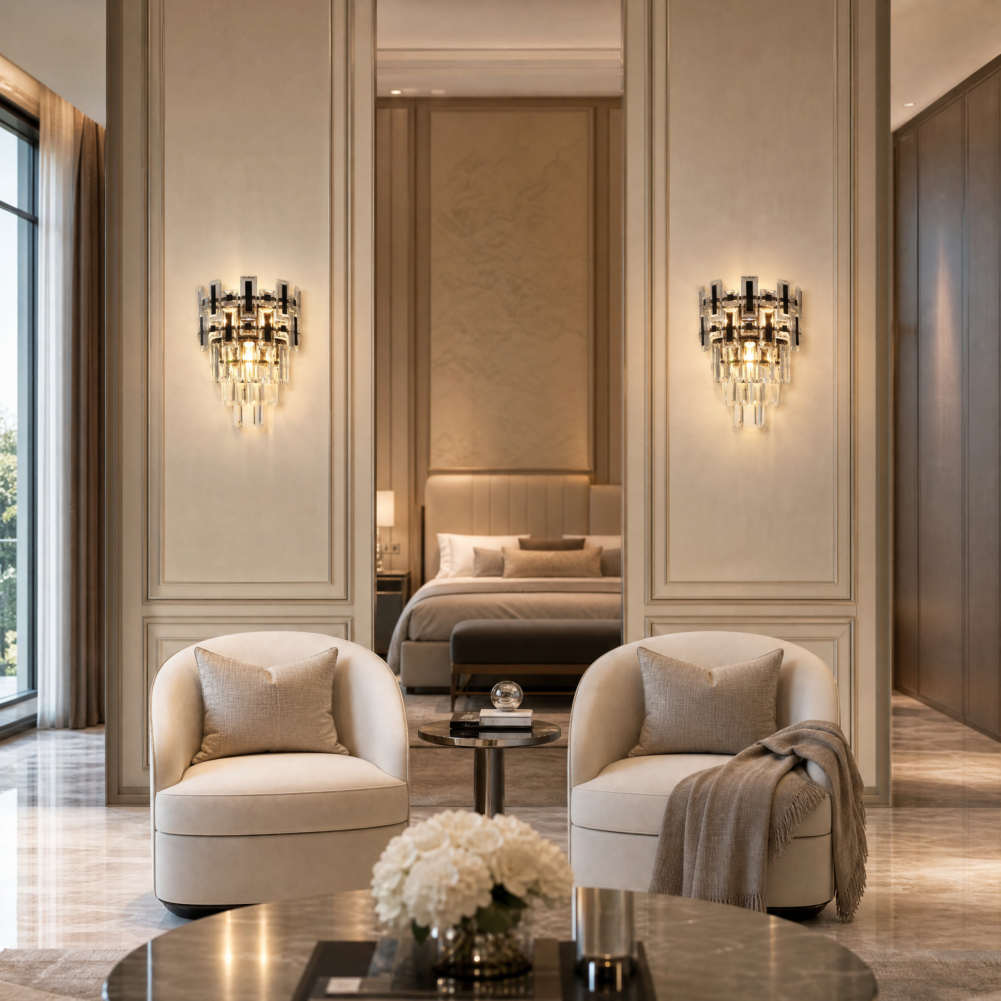 VORELLI Belvedere Wall Light installed in a modern, luxury residential living room setting, casting a warm and opulent glow.