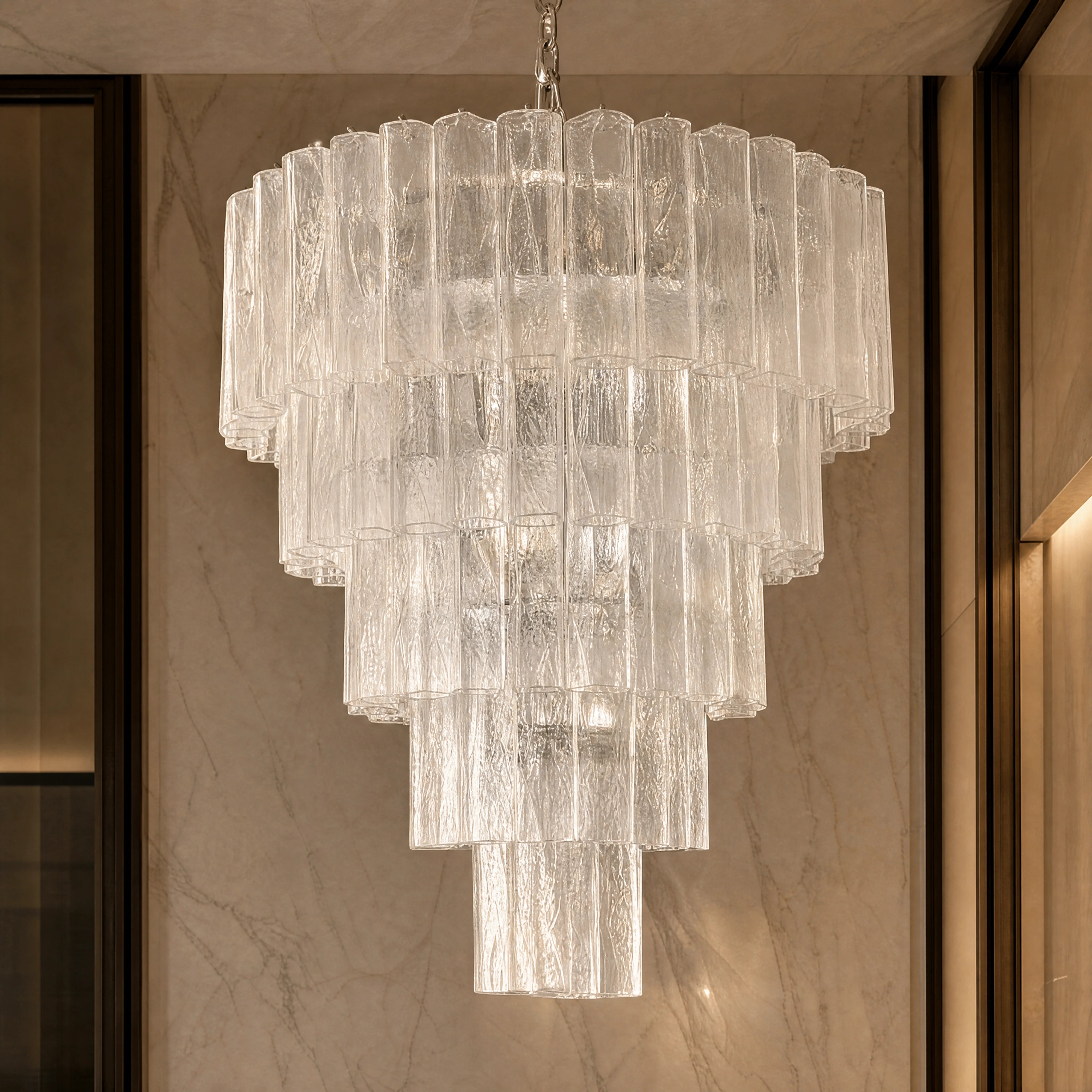 Bembo Squares Murano Glass Staircase Chandelier close-up luxury lifestyle hero image by VORELLI