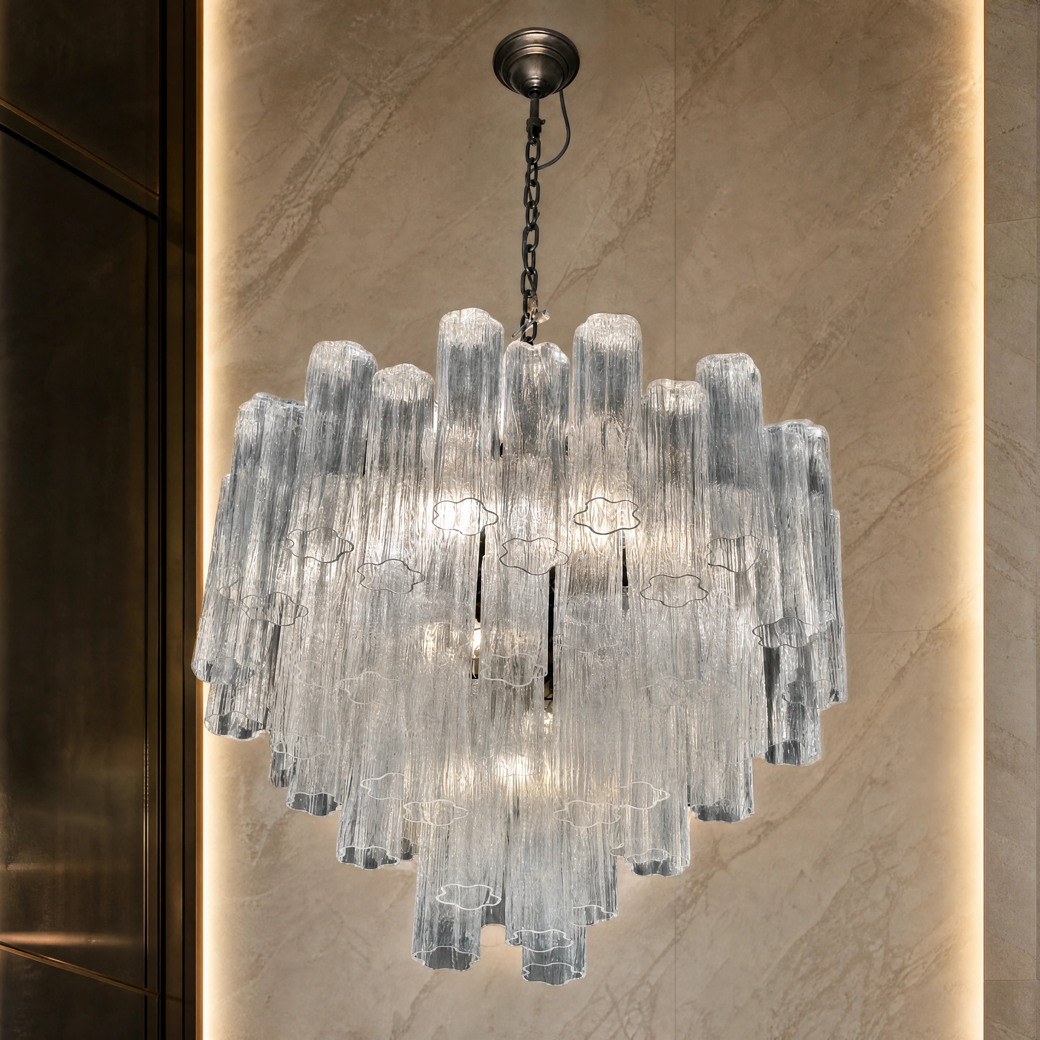 Berenice Tronchi Murano Glass Staircase Chandelier close-up luxury lifestyle hero image by VORELLI