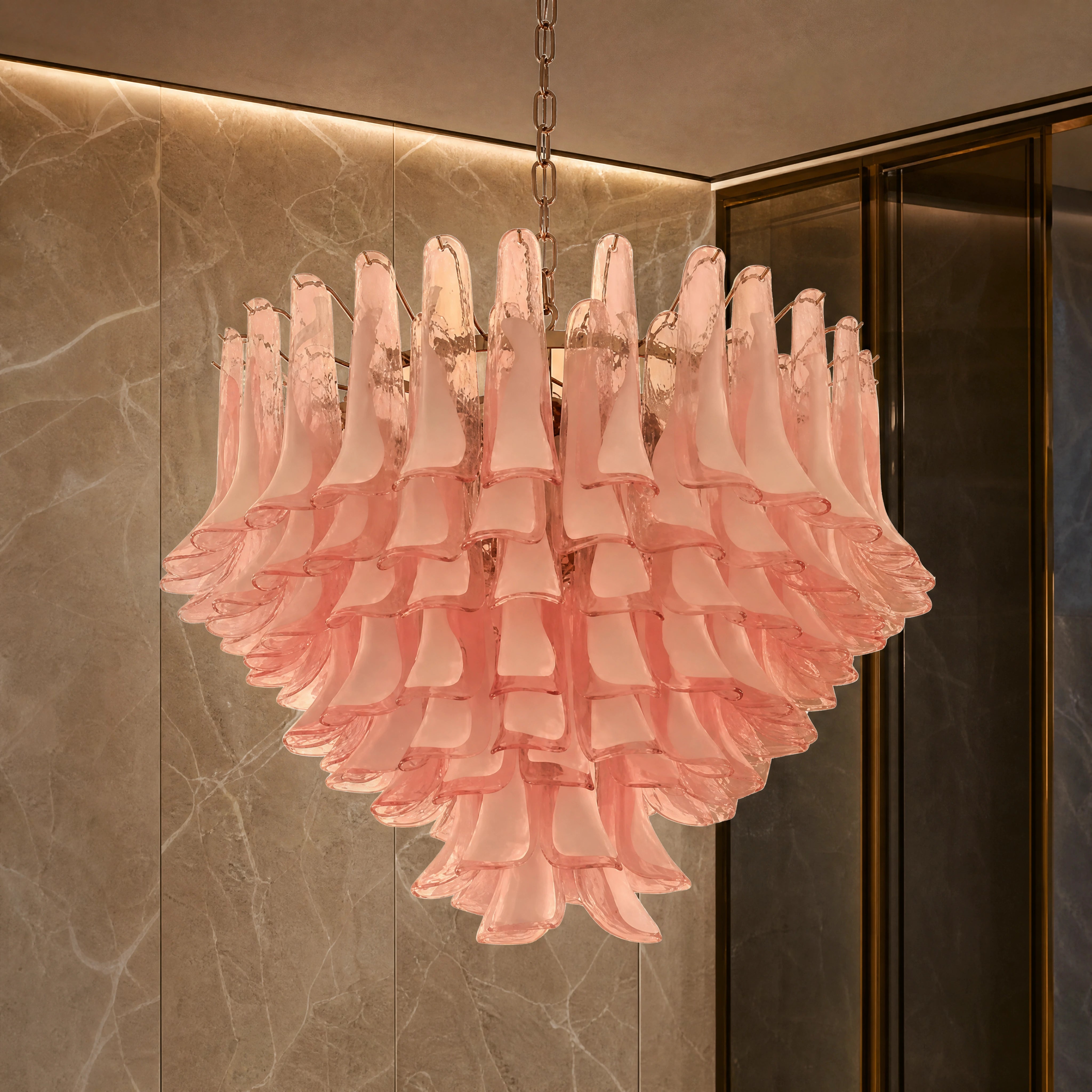 Bergamo Selle Murano Glass Staircase Chandelier close-up luxury lifestyle hero image by VORELLI