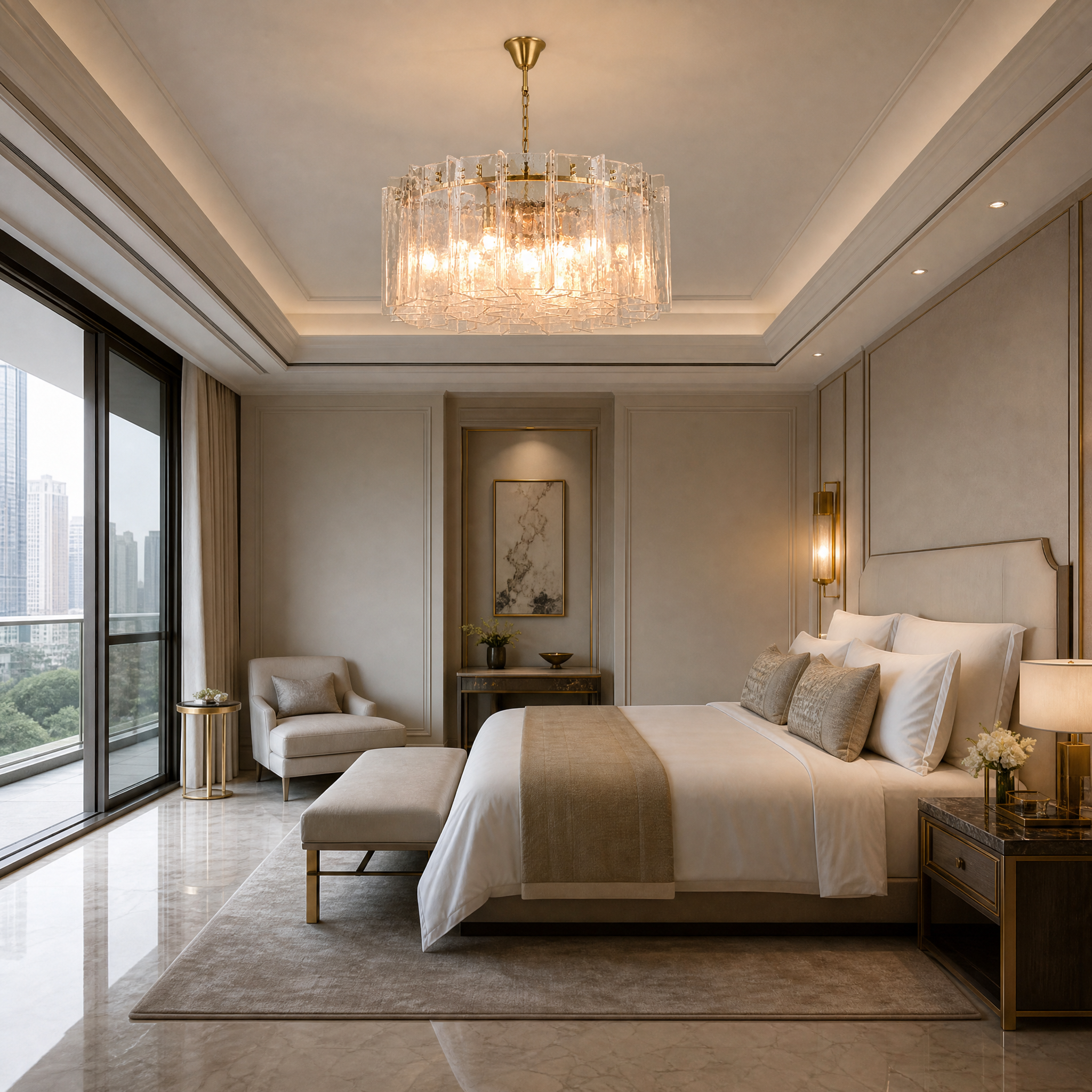 Grand hospitality reception lounge featuring the VORELLI Berlinio clear circular brass chandelier as a luxury statement piece.