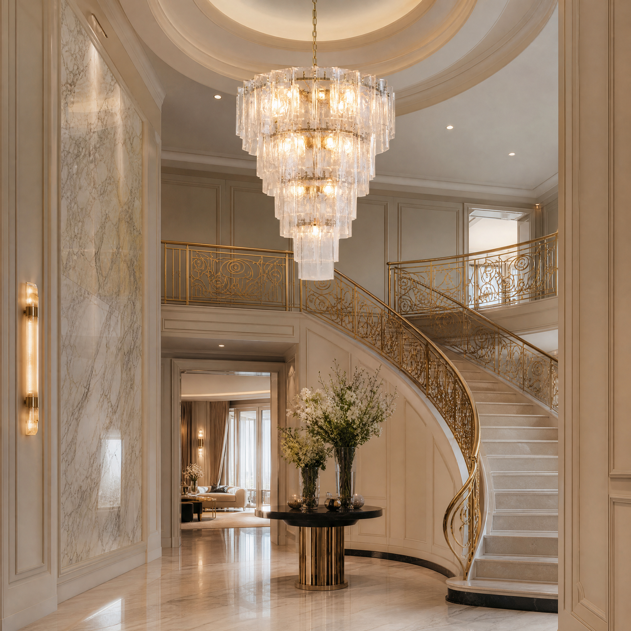 A dramatic VORELLI Berlinio Grandeur staircase chandelier creating a vintage-inspired centerpiece in a luxury hospitality hotel lobby.