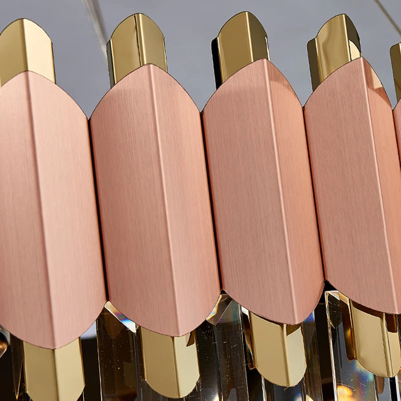 Close-up showcasing the Bianca chandelier’s pink diamond cut crystal bars and sculpted edges.