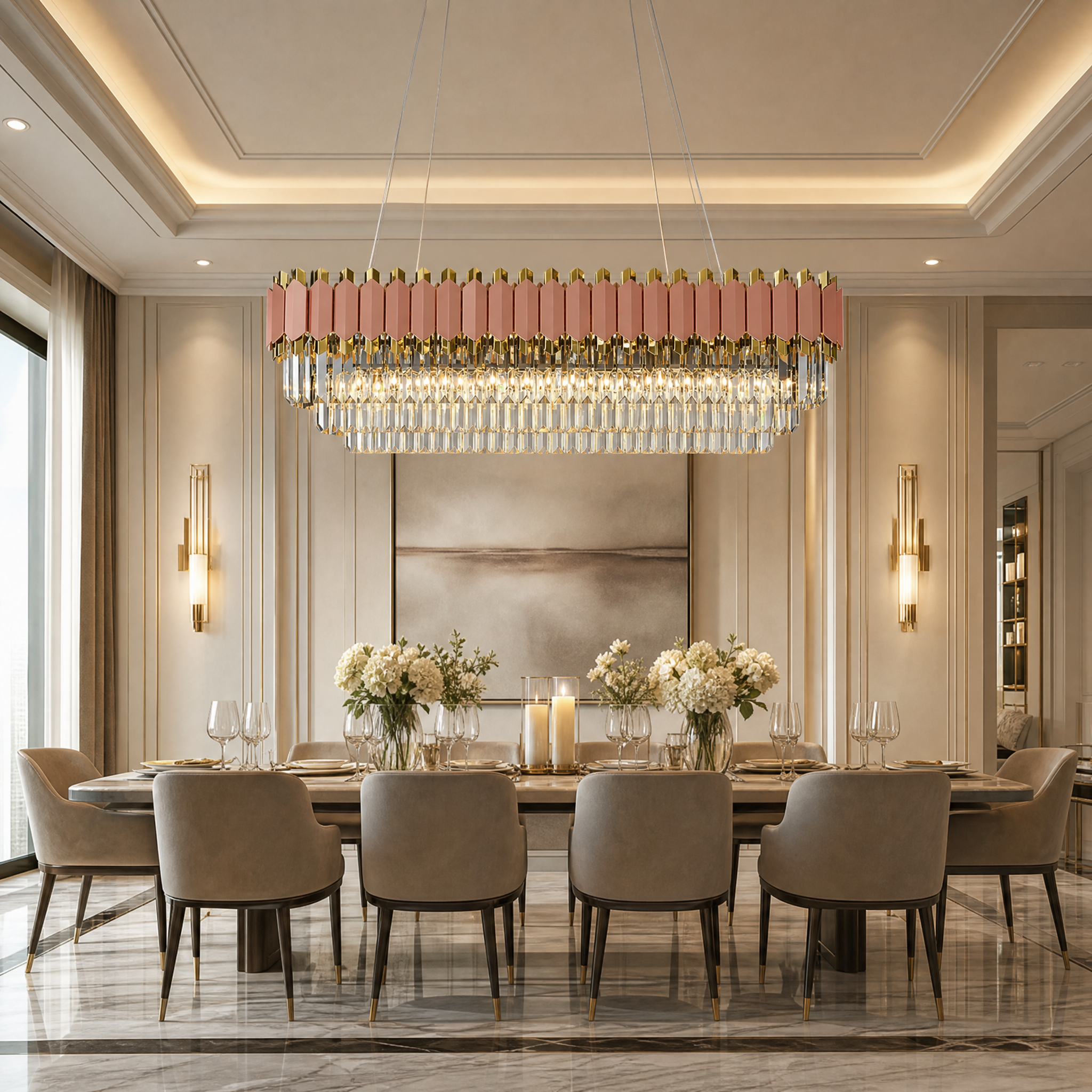VORELLI Bianca rectangular crystal chandelier installed in a luxury residential dining room above a modern table.