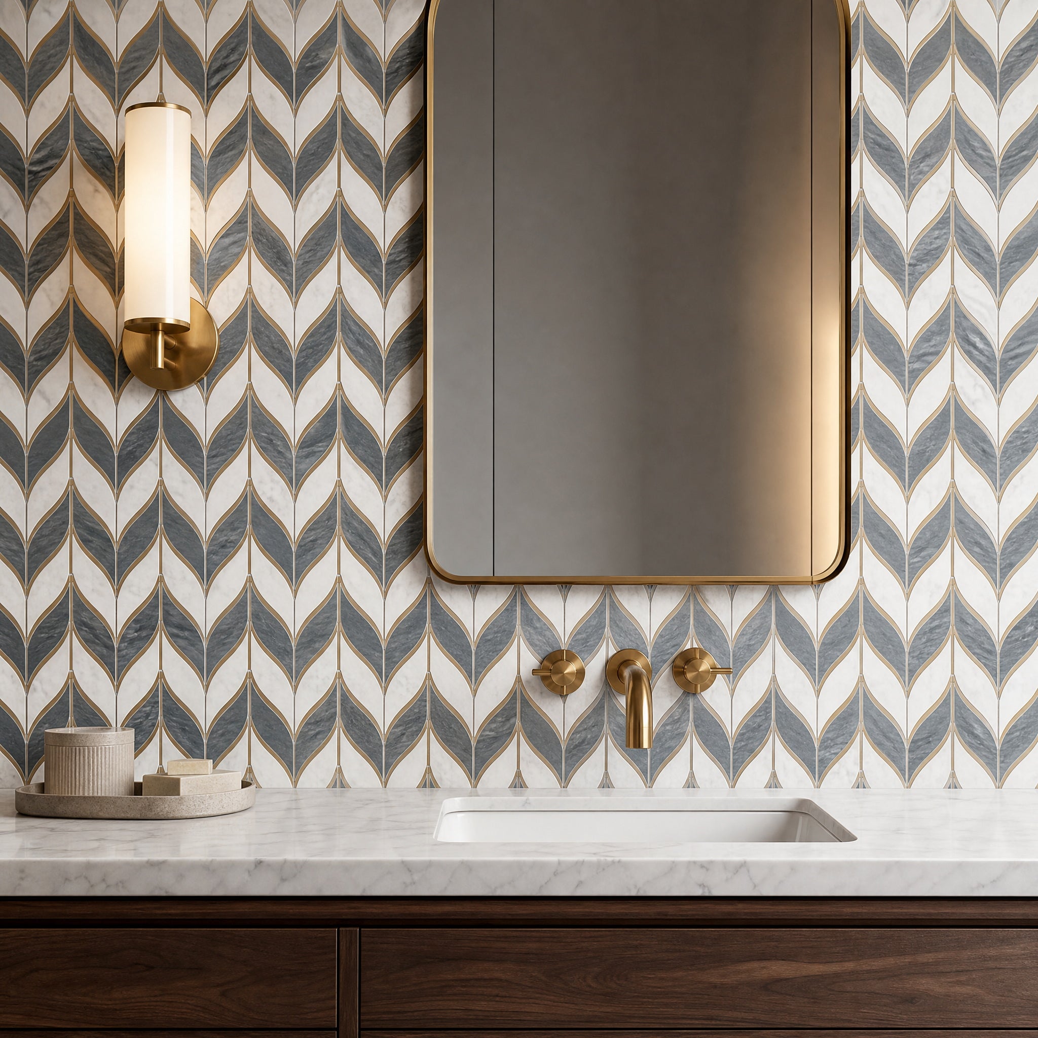 Bianco Carrara Bow Feathers Design Waterjet Marble Mosaic luxury mosaic feature wall in a refined interior