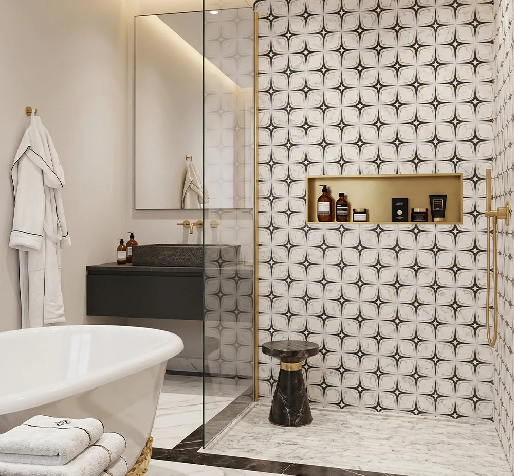 Bianco Carrara Nero Marquina Metal Rhombic Design Waterjet Marble Mosaic luxury black, white waterjet marble mosaic for premium UK interiors