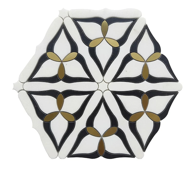 Bianco Carrara Nero Marquina Metal Snowflake Design Waterjet Marble Mosaic luxury black, white waterjet marble mosaic for premium UK interiors