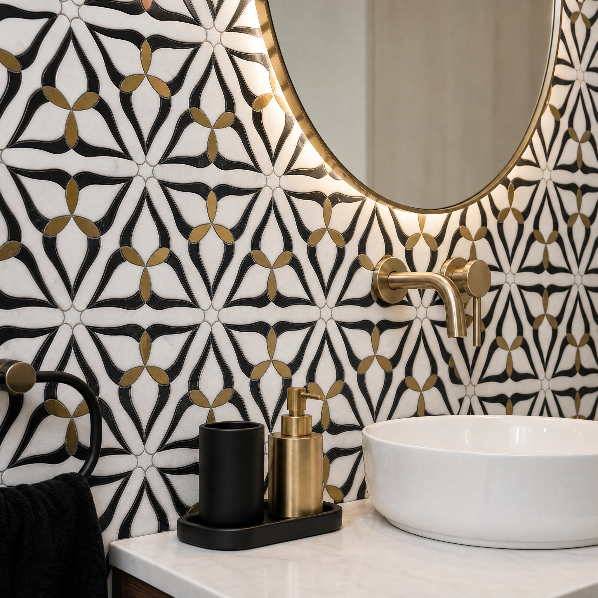 Bianco Carrara Nero Marquina Metal Snowflake Design Waterjet Marble Mosaic mosaic tile detail in an elegant interior