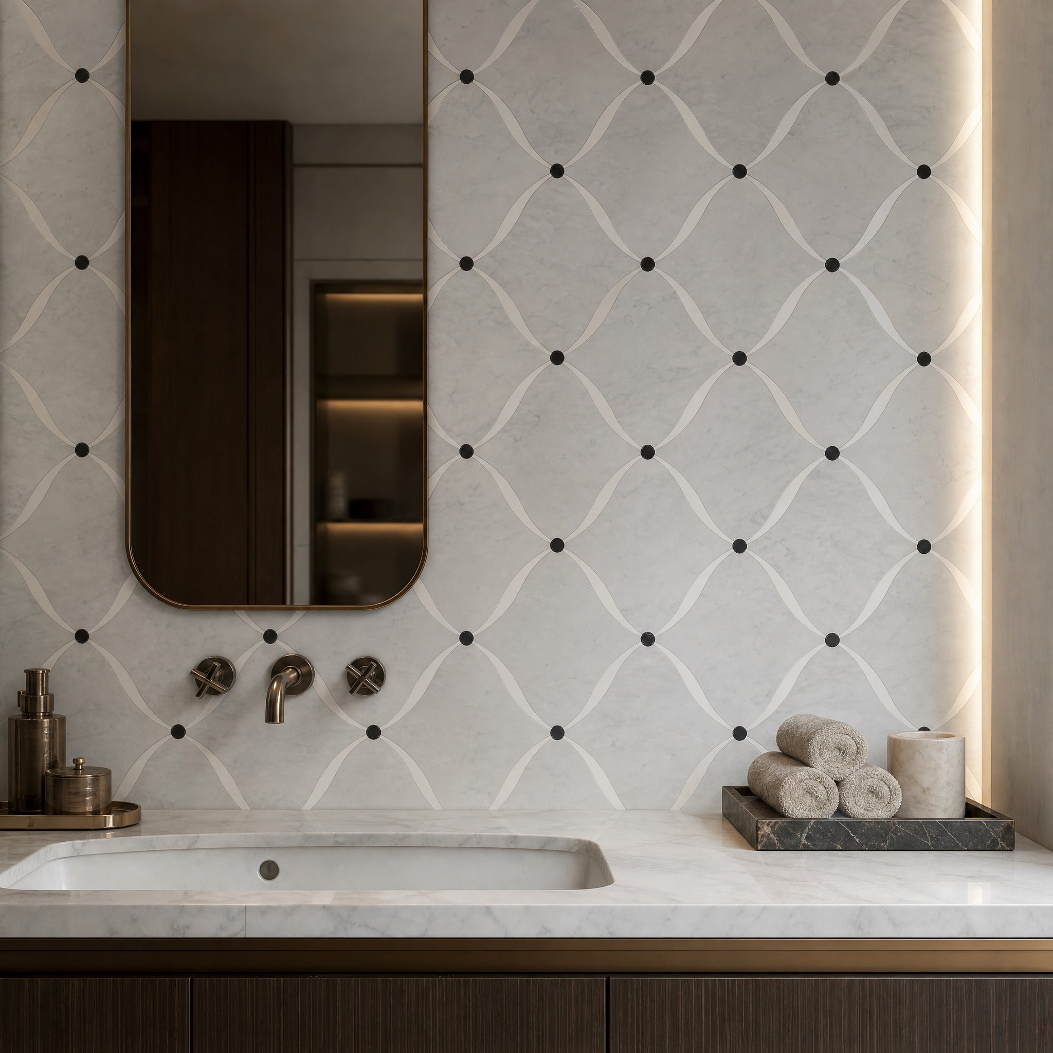 Bianco Carrara Sivec Water Drop Shape Waterjet Marble Mosaic Tile installed view by VORELLI®