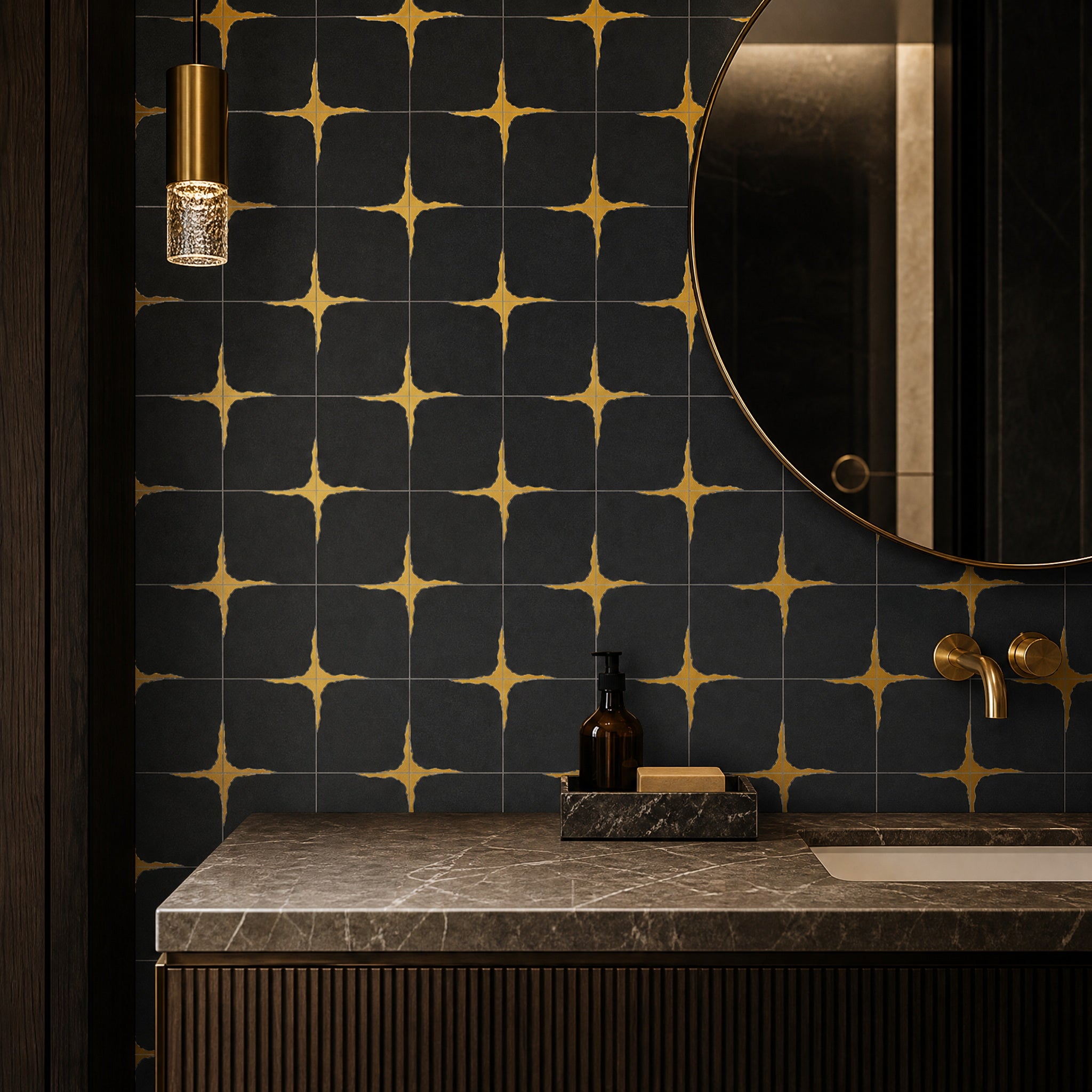 Black Jade 304 Stainless Steel Waterjet Marble Mosaic Tile installed view by VORELLI®