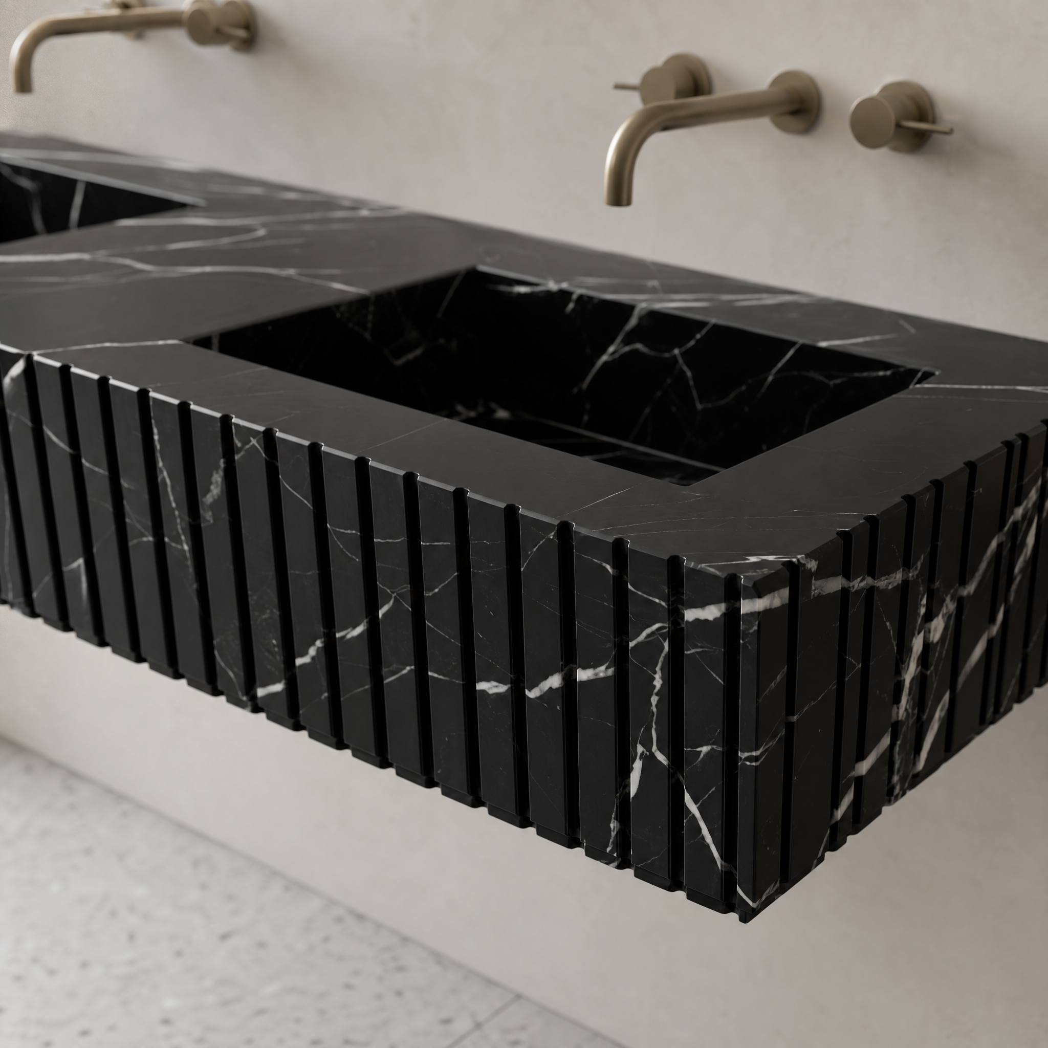 Black Marquina Marble Double Sink - Fluted stone craftsmanship detail image by VORELLI