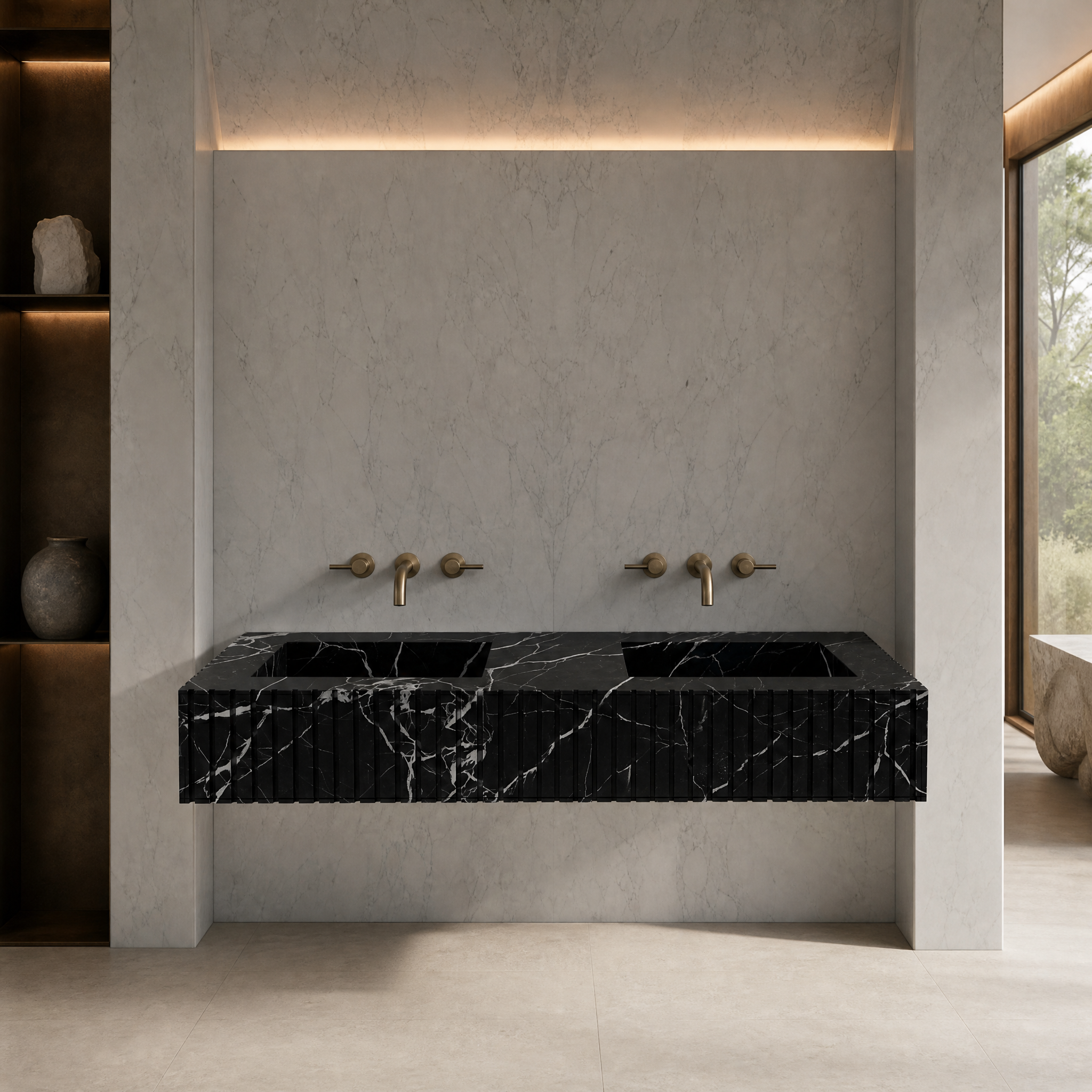 Black Marquina Marble Double Sink - Fluted private residence lifestyle image by VORELLI