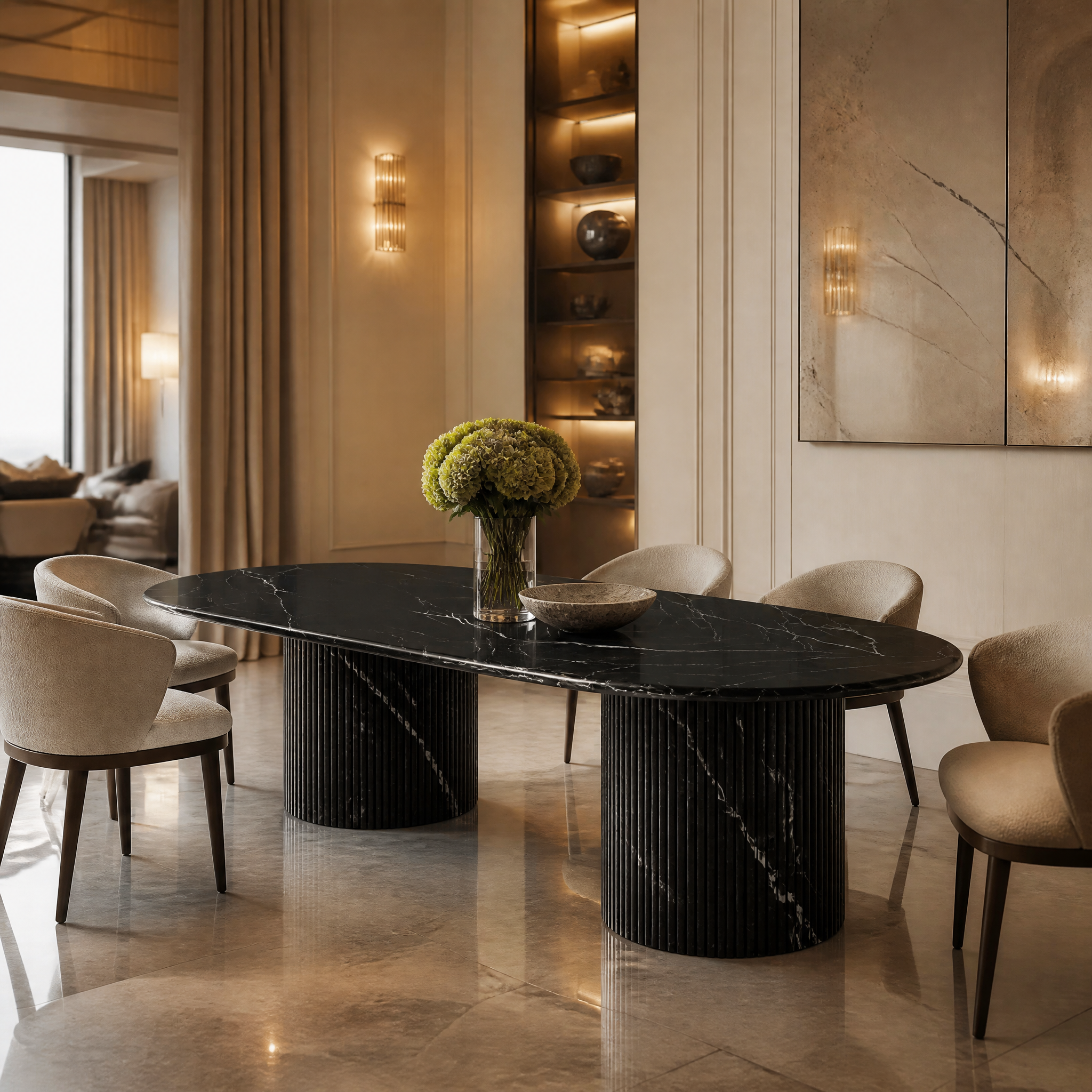 Premium hospitality setting showing the VORELLI polished black marble oval dining table with white veining in a high-end restaurant dining space.
