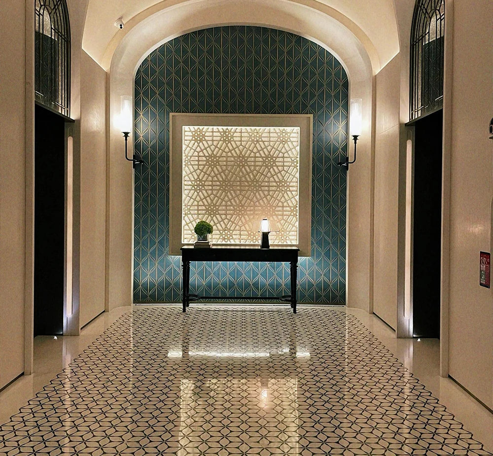 Black White Six Petals Waterjet Marble Mosaic luxury black, white waterjet marble mosaic for premium UK interiors