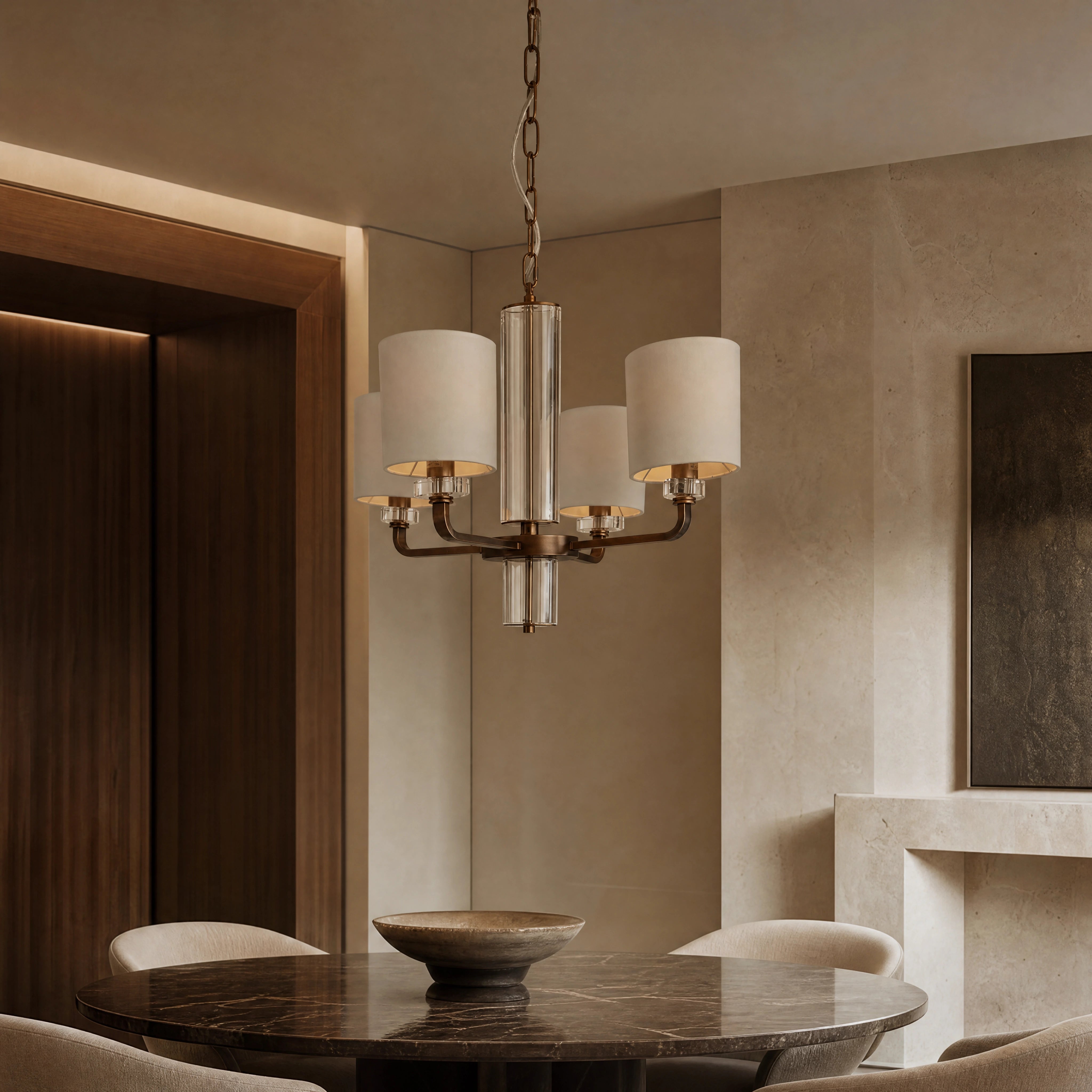 Bleano Antique Brass Contemporary Chandelier close-up luxury lifestyle hero image by VORELLI