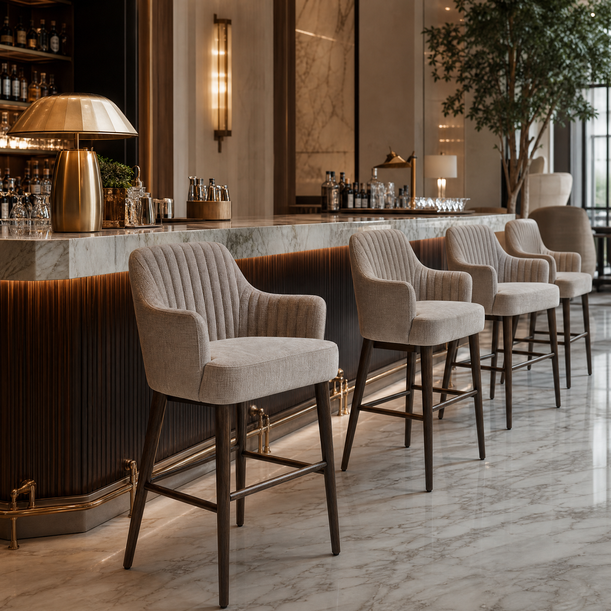 A row of elegant VORELLI Blevano bar stools in dark brown and latte fabric at a sophisticated contemporary hotel lounge bar counter.