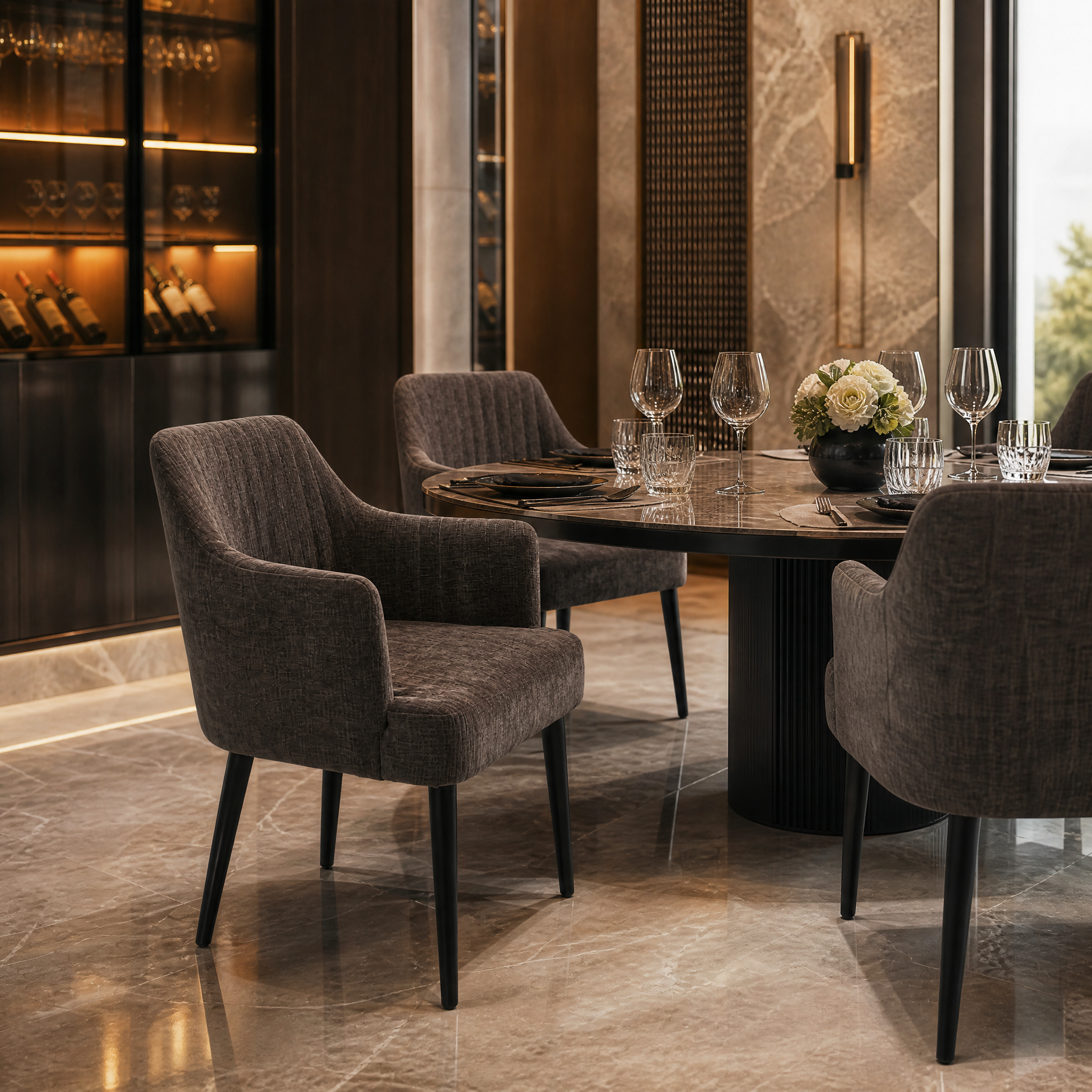 A row of VORELLI Blevano black mouse fabric dining chairs providing refined contemporary comfort and understated elegance inside a luxury hospitality lounge.
